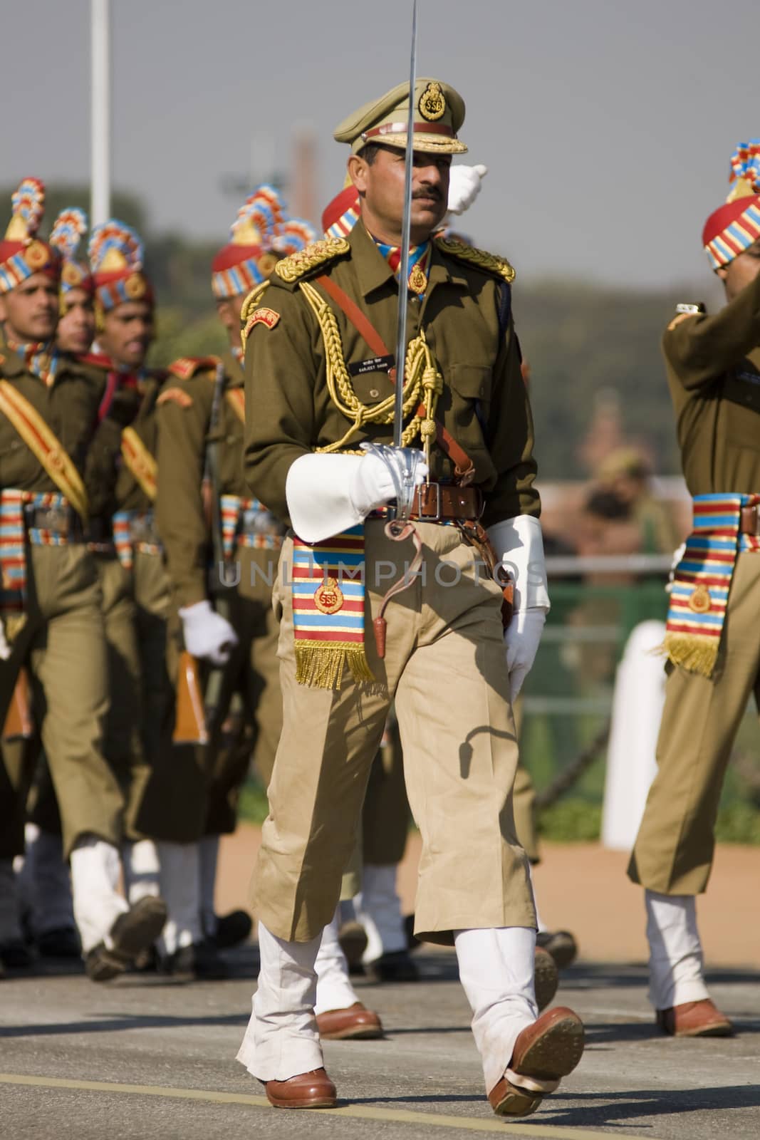 Officer leading his men marching down the Raj Path in preparation for Republic Day Parade, New Delhi, India