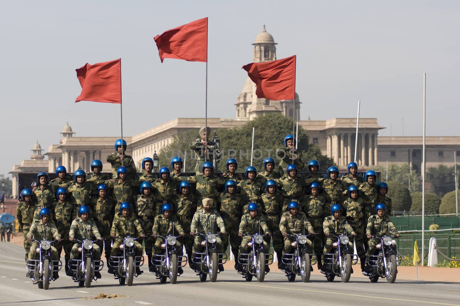 Motorbike display team of the Indian Army riding down the Raj Path in preparation for the Republic Day Parade