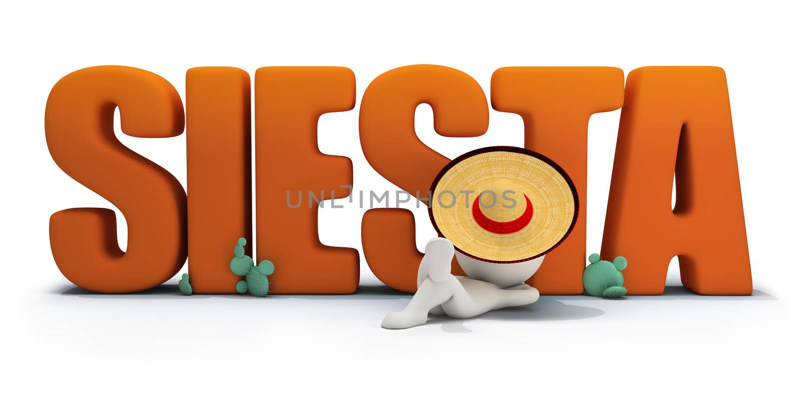 3d small person in a hat lying under the inscription SIESTA. 3d image. White background.