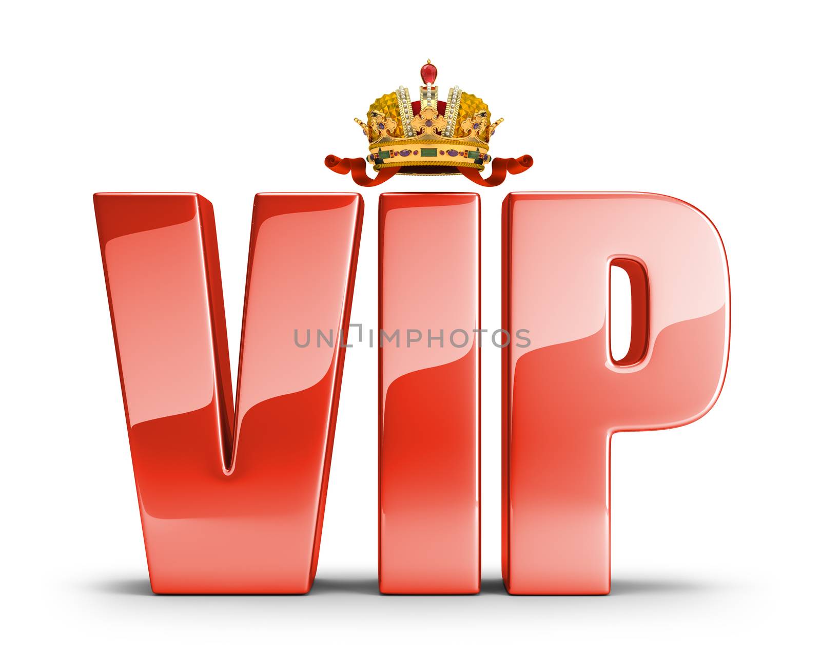 Shiny red lettering at the top of the crown with a VIP. 3d image. White background.