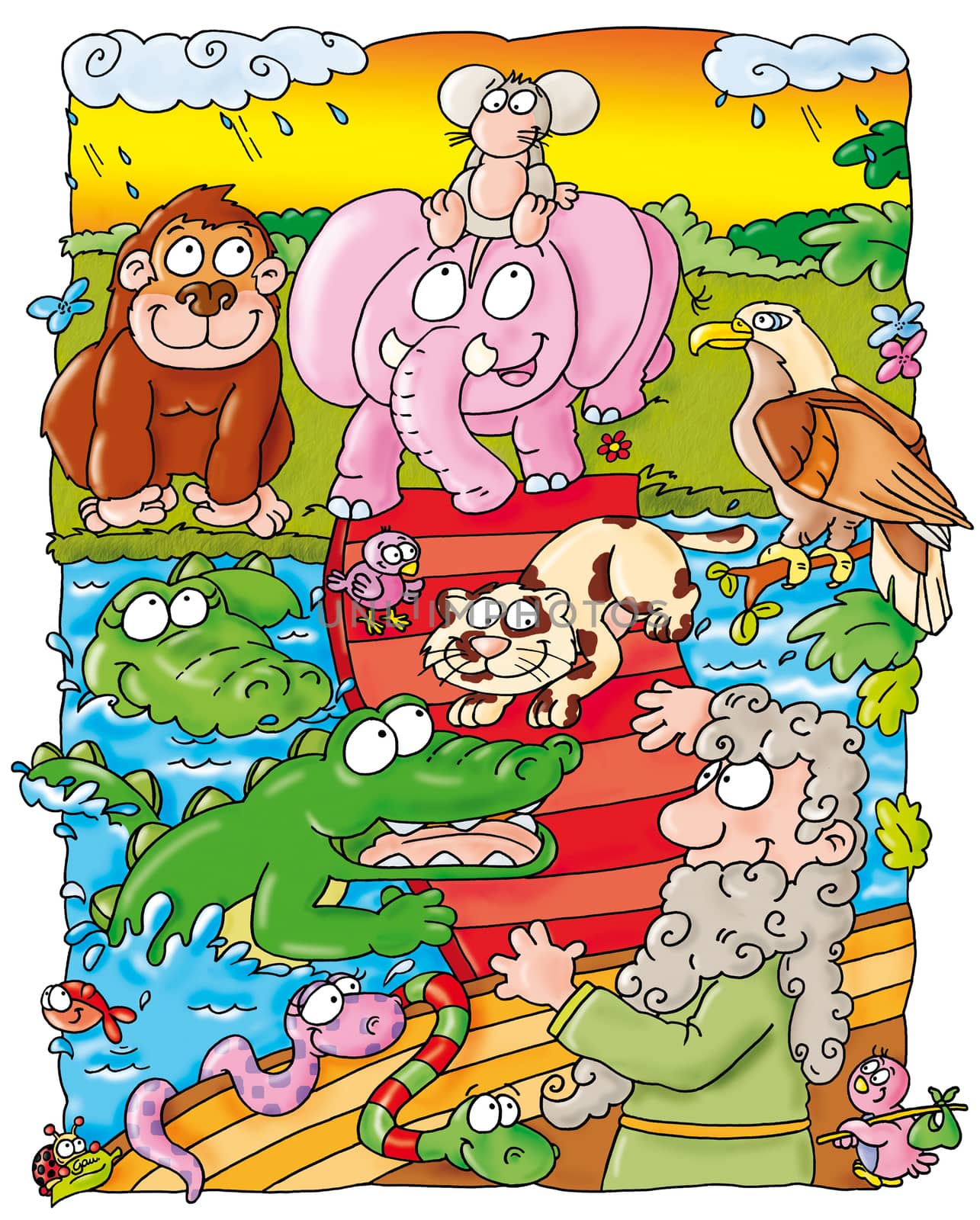 Noah, his ark with happy celebrating animals.
mother, child, drawings, illustrations, stories, books, animals, family, home, park, grass, flowers.