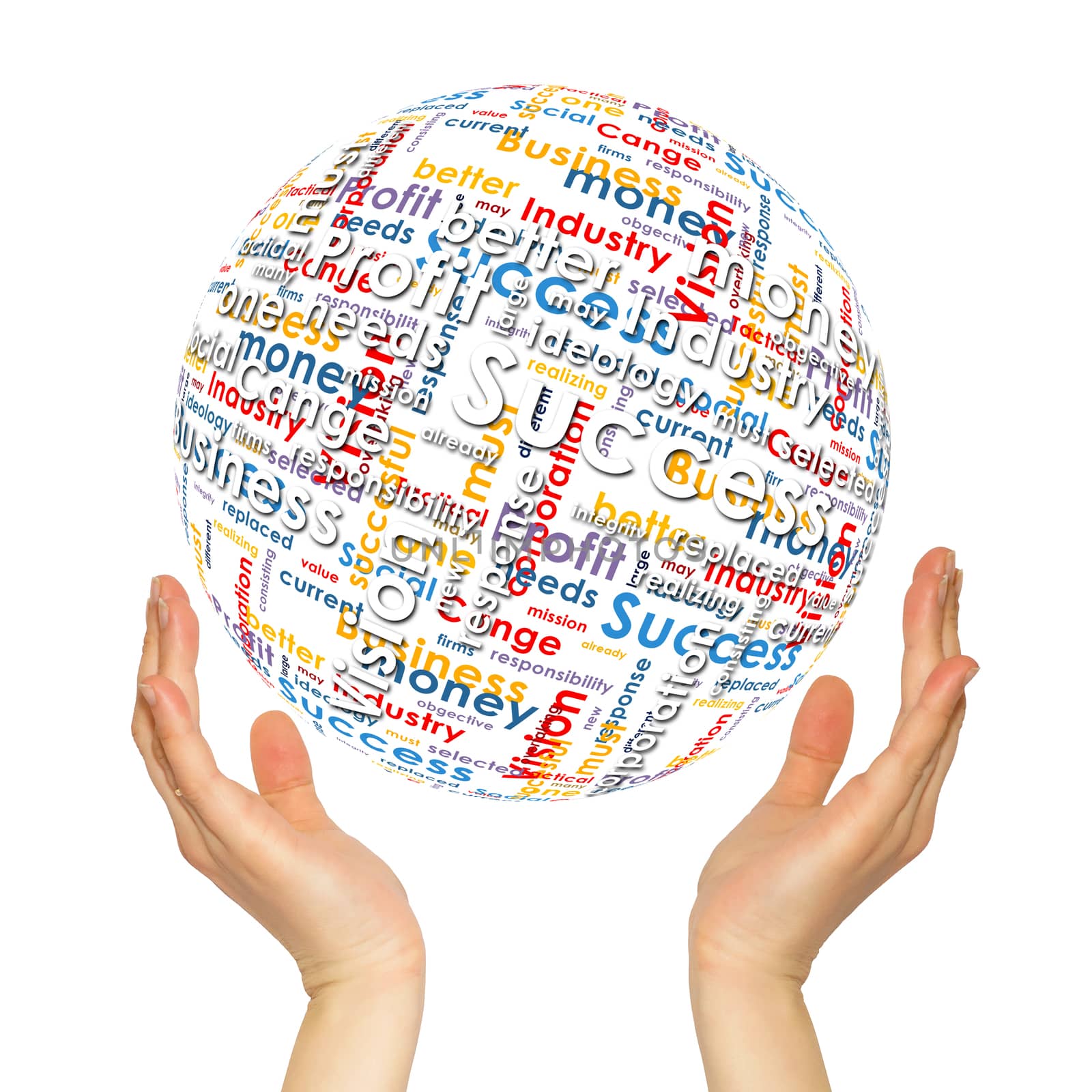 Woman hands sphere with business words. White background