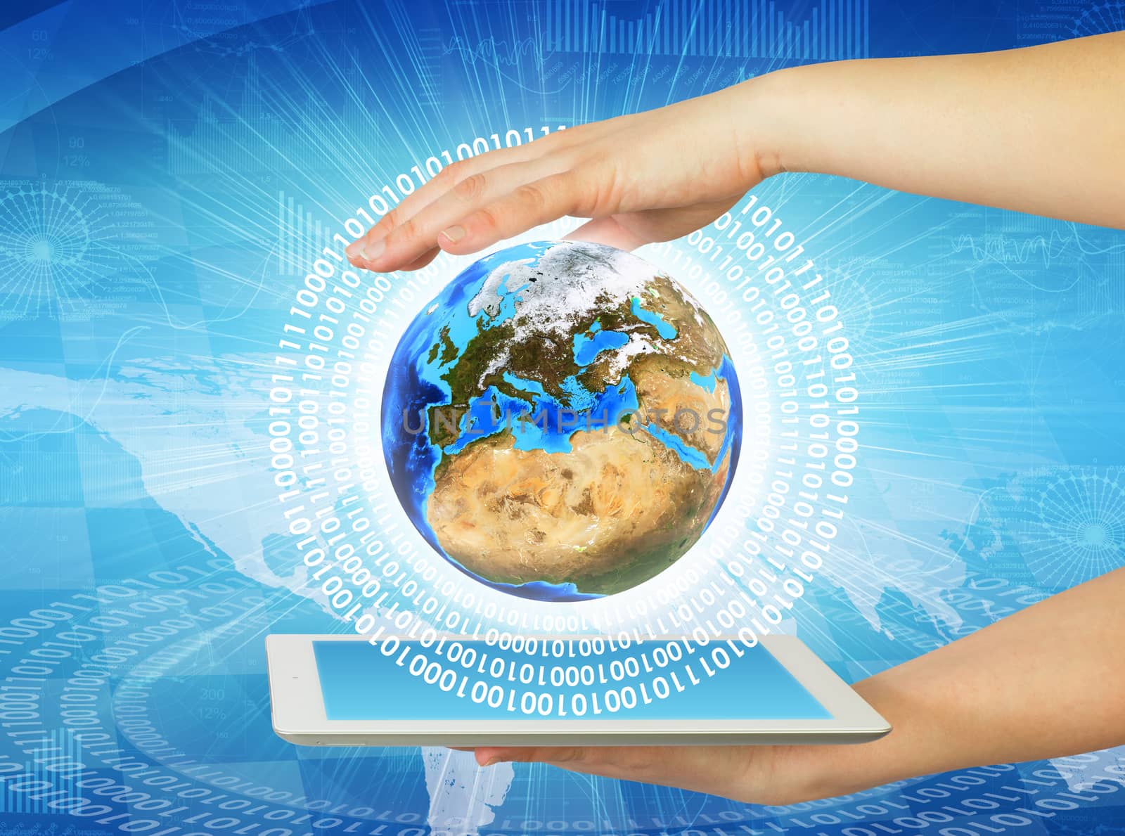 Woman hands hold tablet pc with Earth. Elements of this image are furnished by NASA
