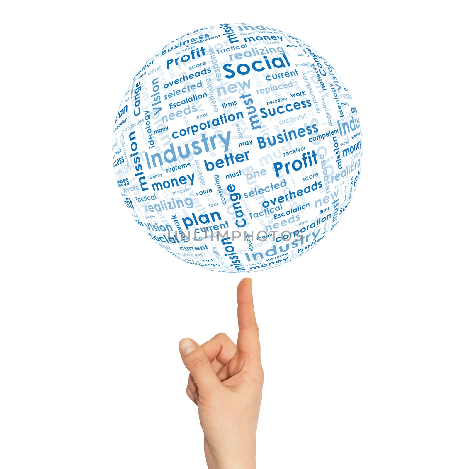 Woman hand sphere with business words. White background