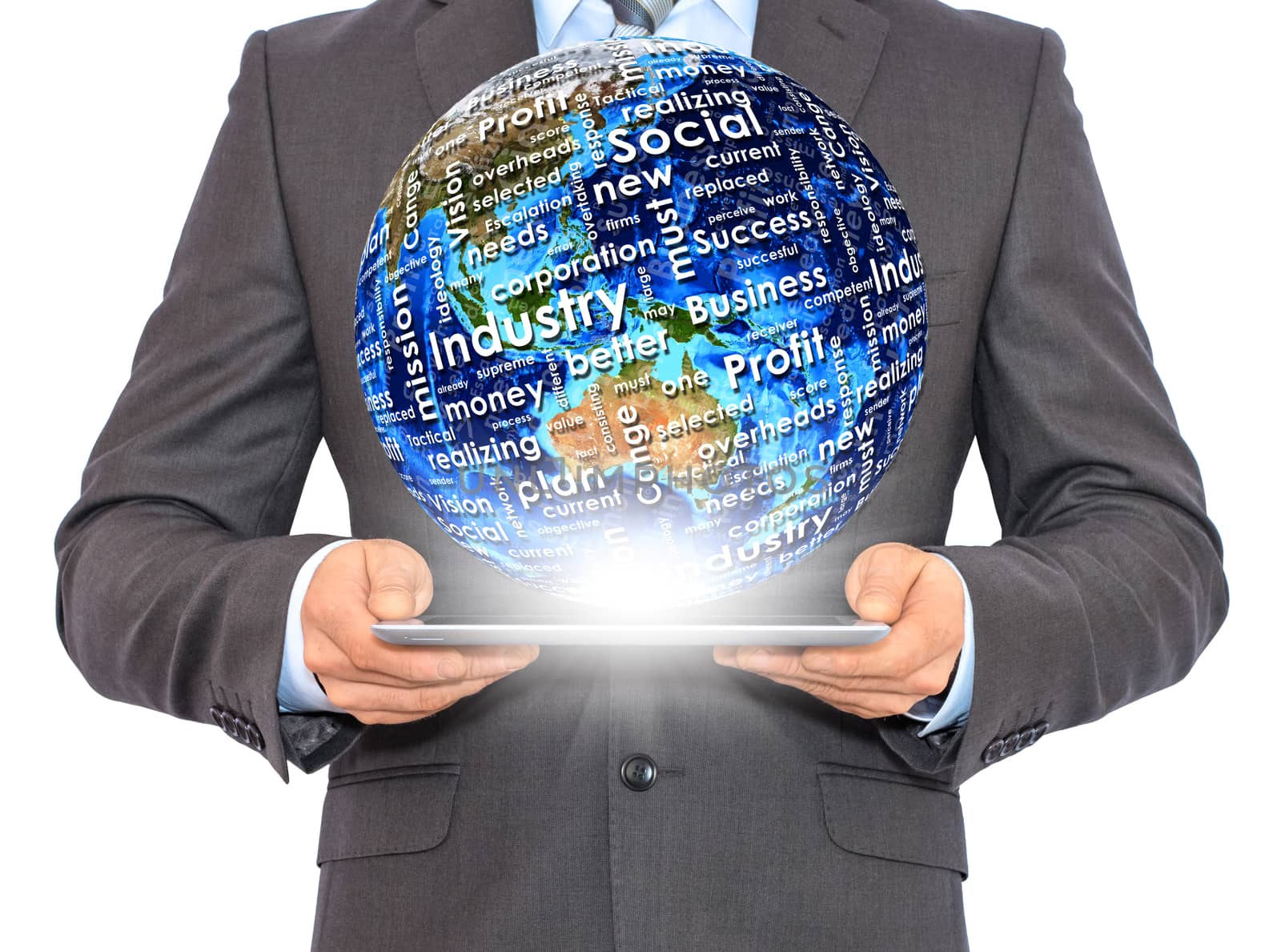 Businessman holds tablet pc with Earth in hand. On the globe written business words. Elements of this image are furnished by NASA