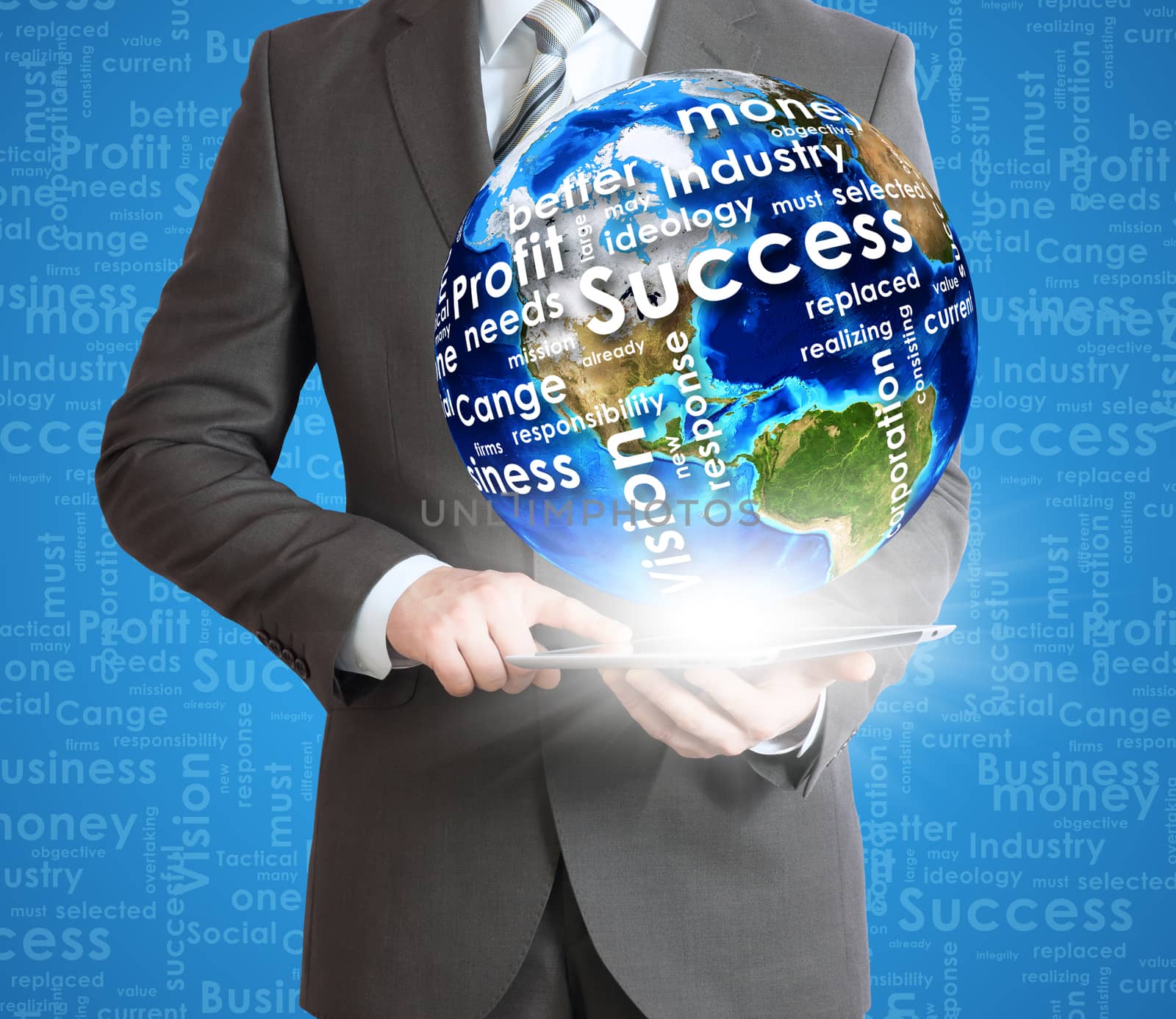 Businessman holds tablet pc with Earth in hand by cherezoff