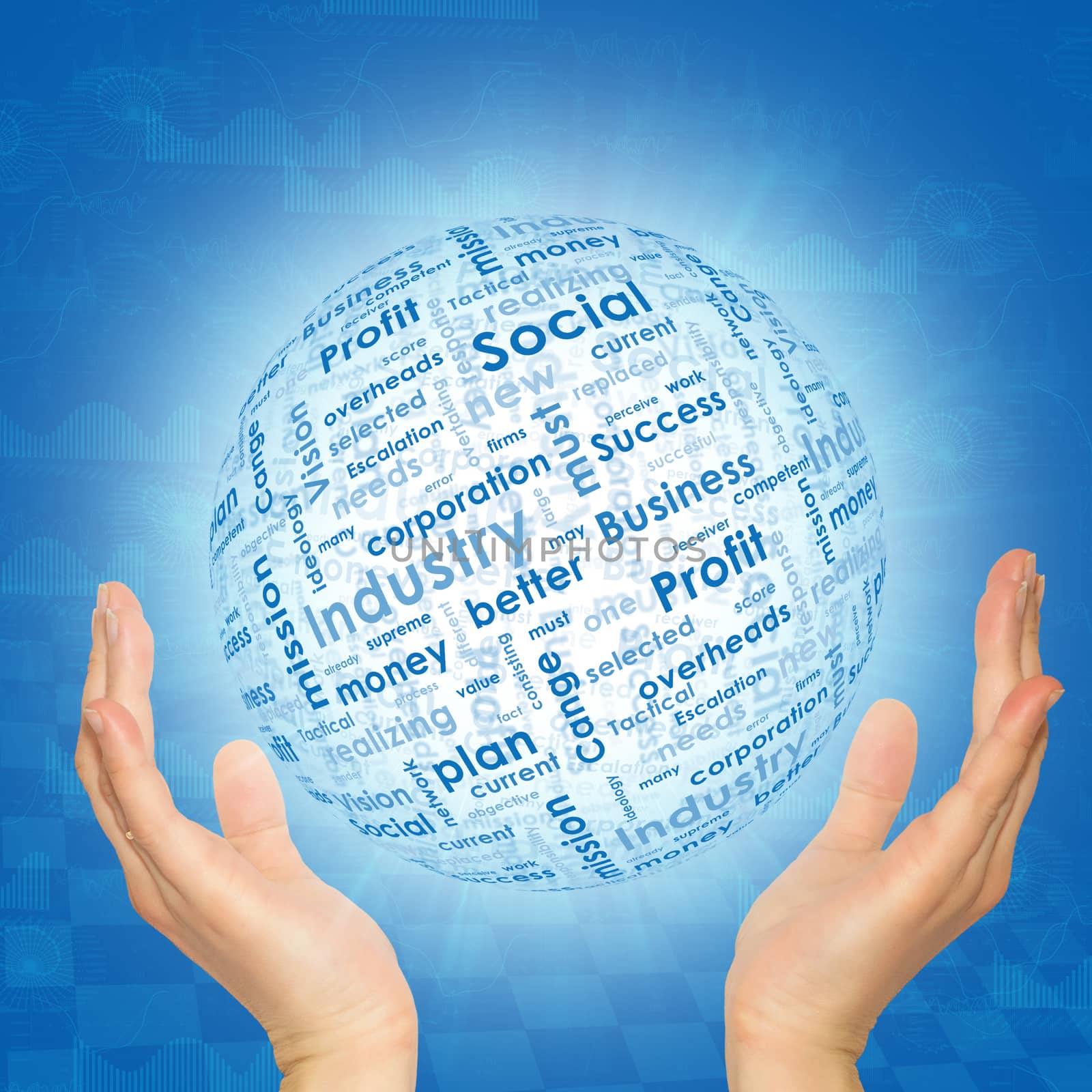 Woman hands hold sphere. On the globe written business words