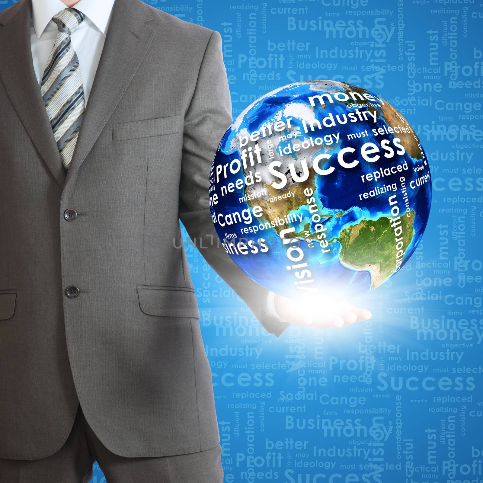 Businessman holds Earth in hand. On the globe written business words. Elements of this image are furnished by NASA