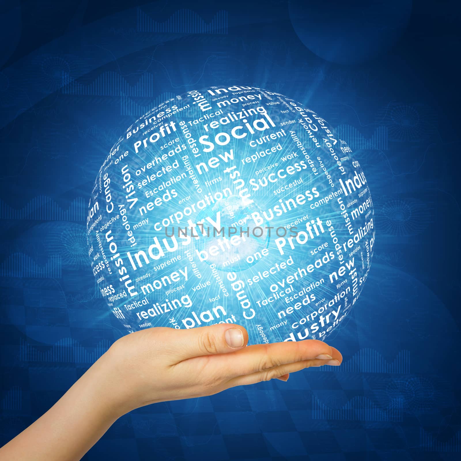 Woman hand hold sphere. On the globe written business words