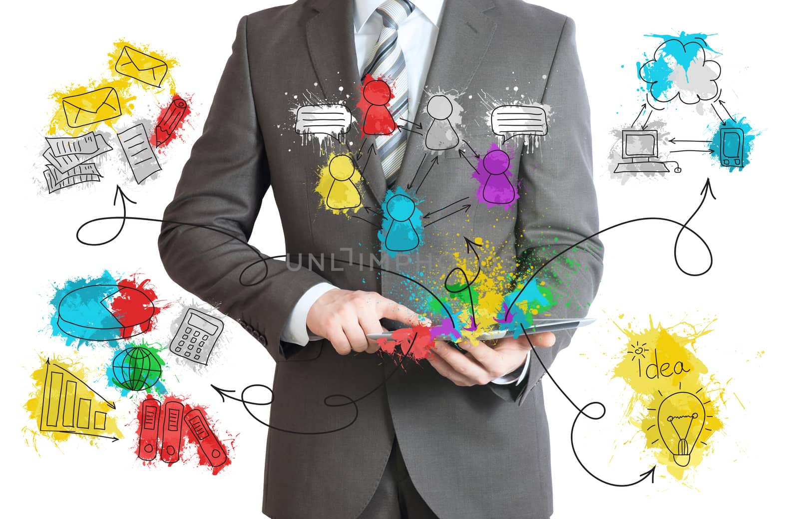 Standing businessman in suit hold tablet pc with colored business sketches