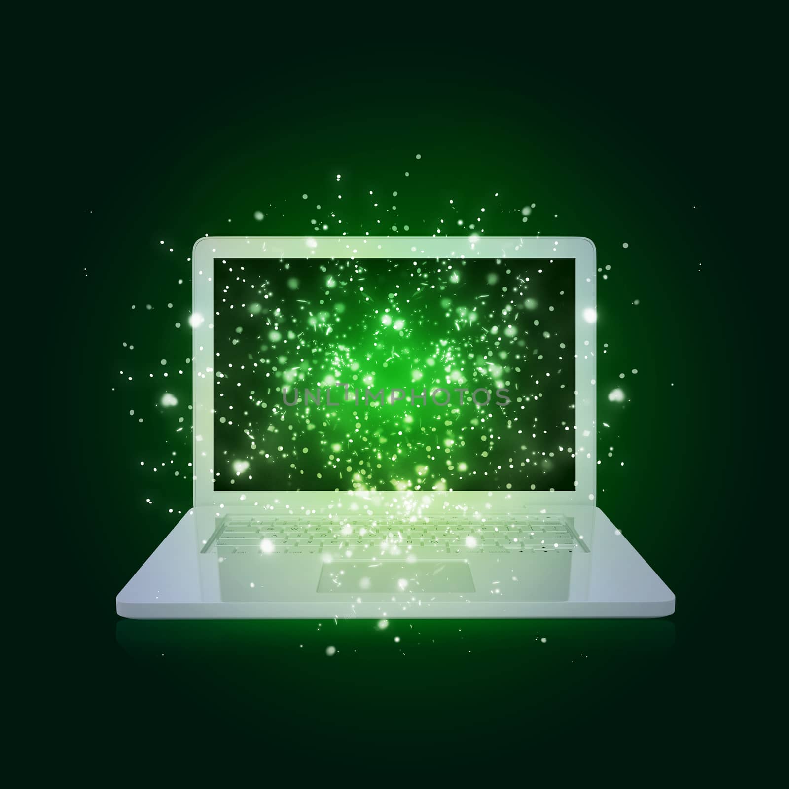 Open laptop with magic light and falling stars. Dark background