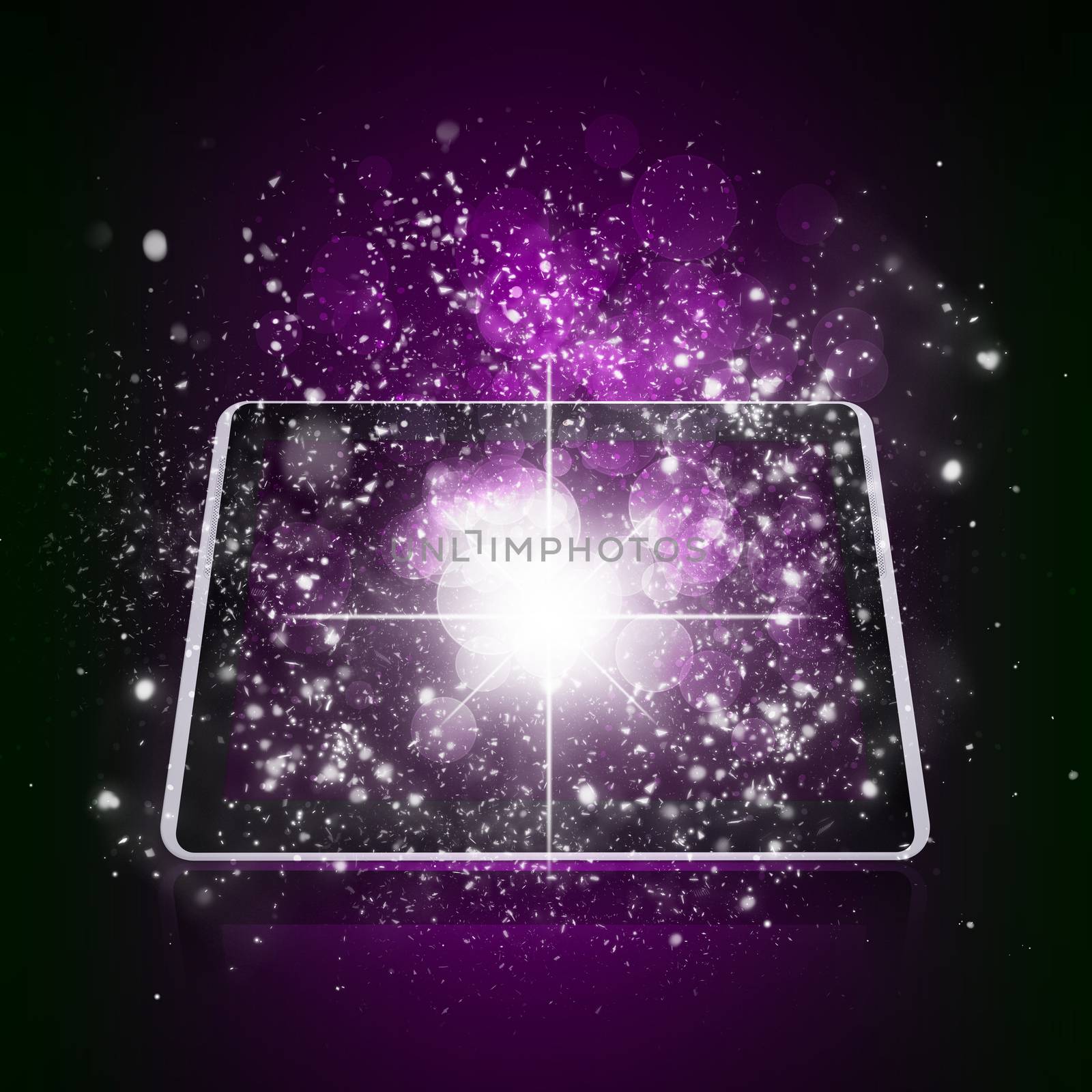 Tablet pc with magic light and falling stars. Dark background