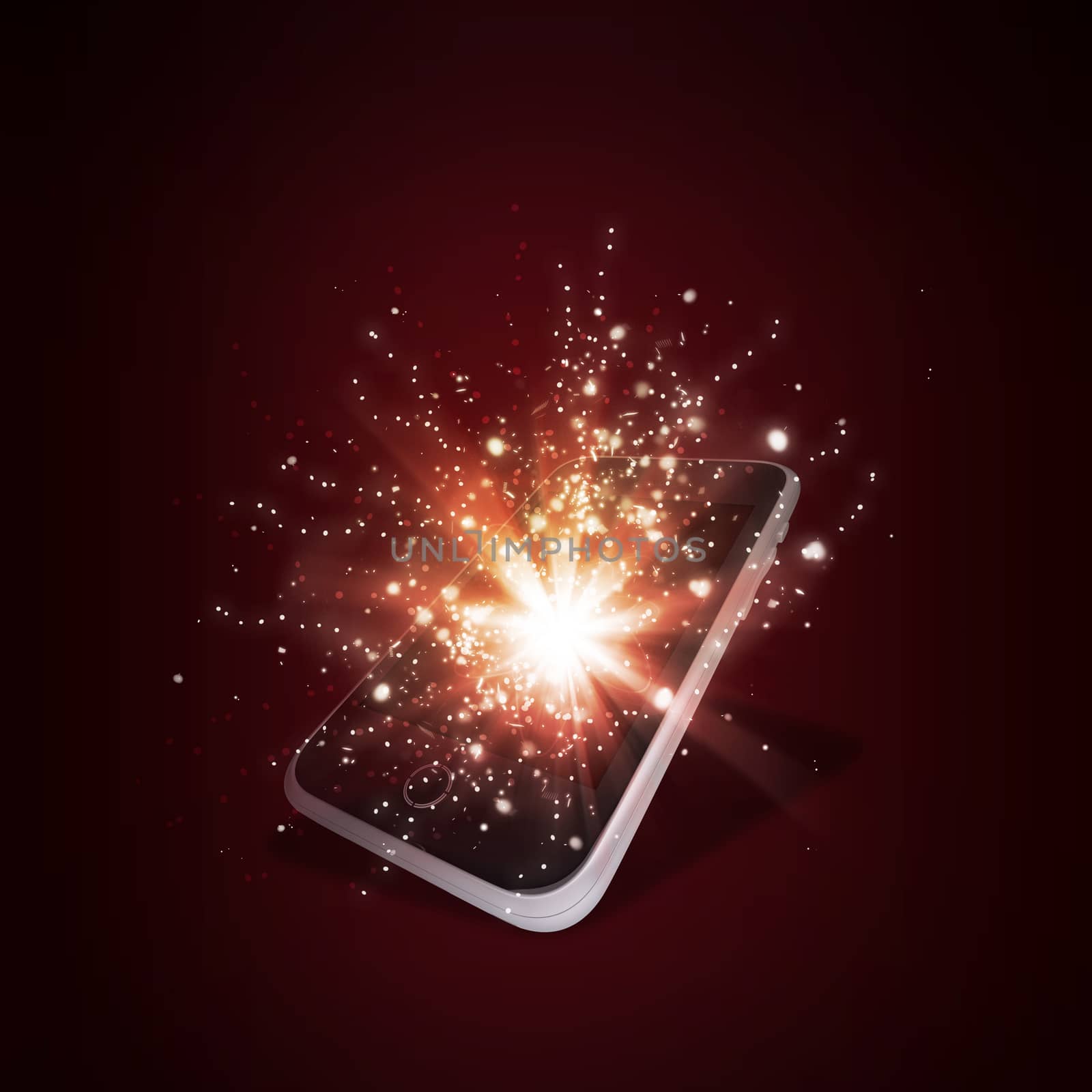 Smart phone with magic light and falling stars by cherezoff