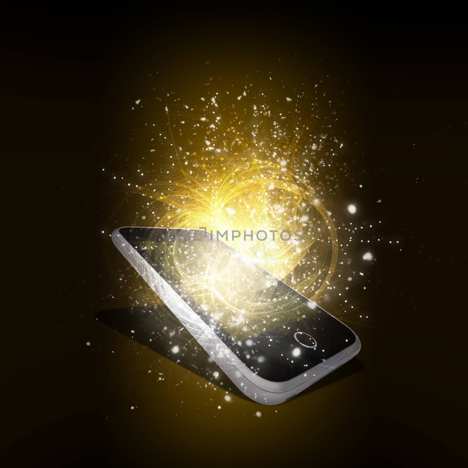 Smart phone with magic light and falling stars. Dark background