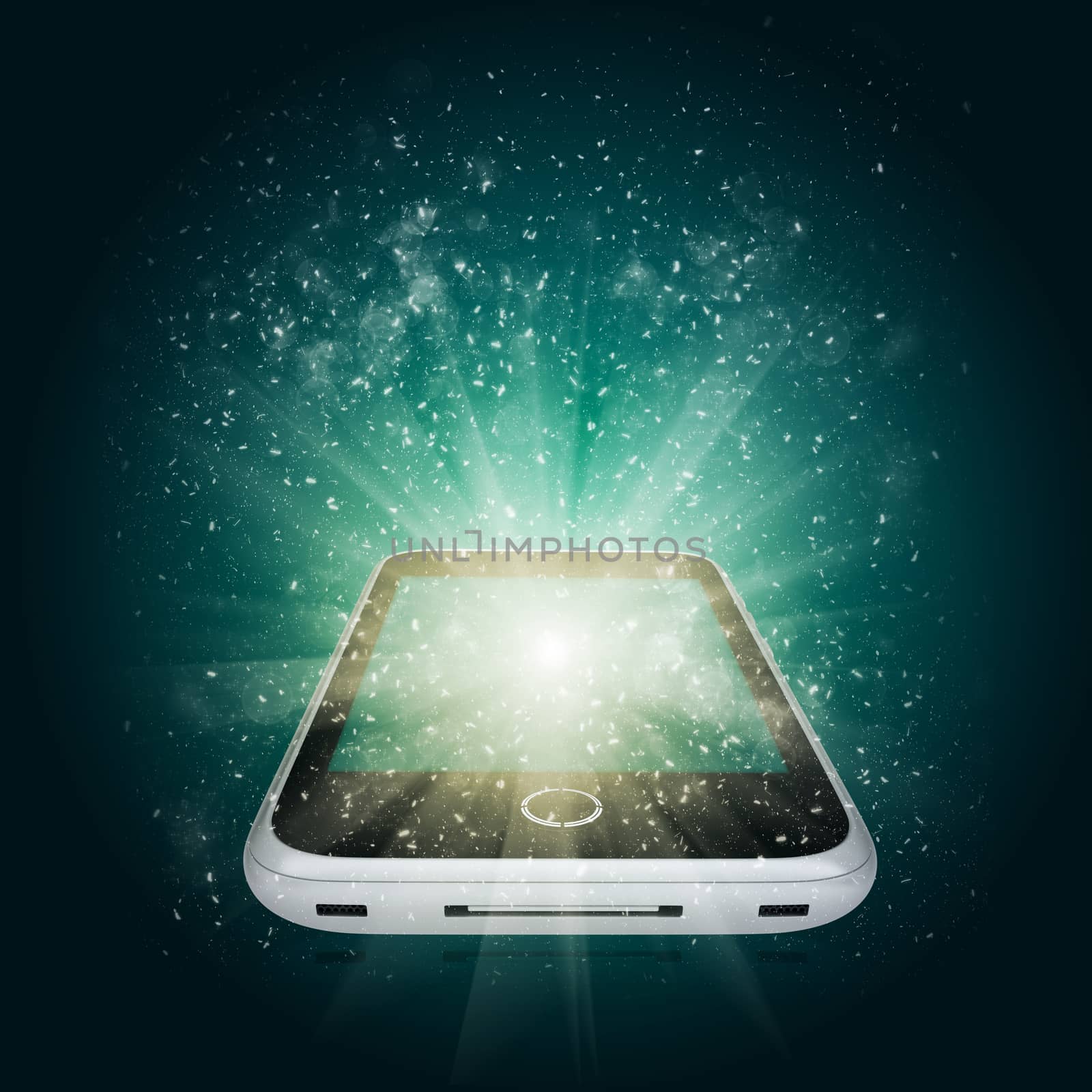 Smart phone with magic light and falling stars by cherezoff