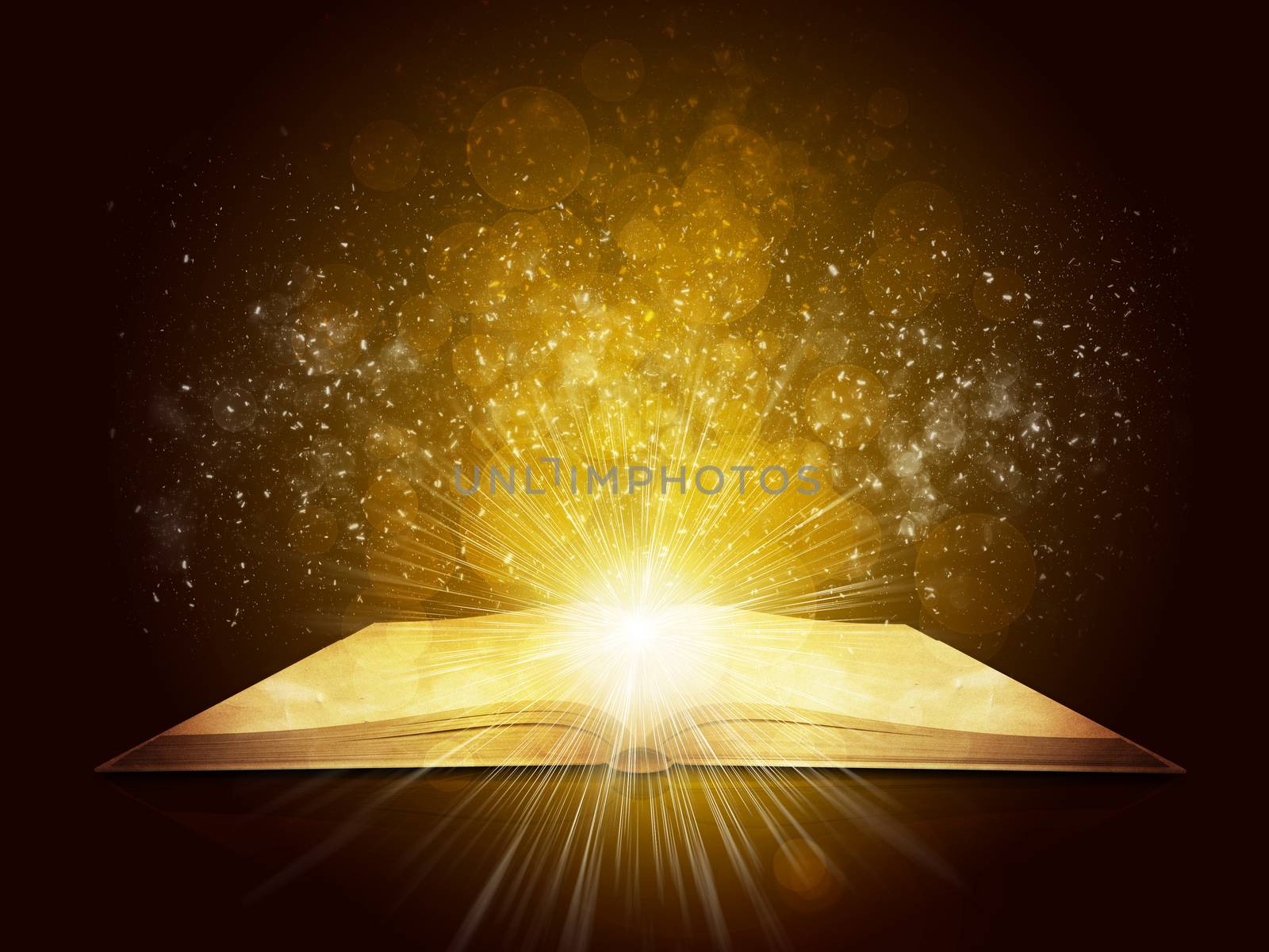 Old open book with magic light and falling stars. Dark background