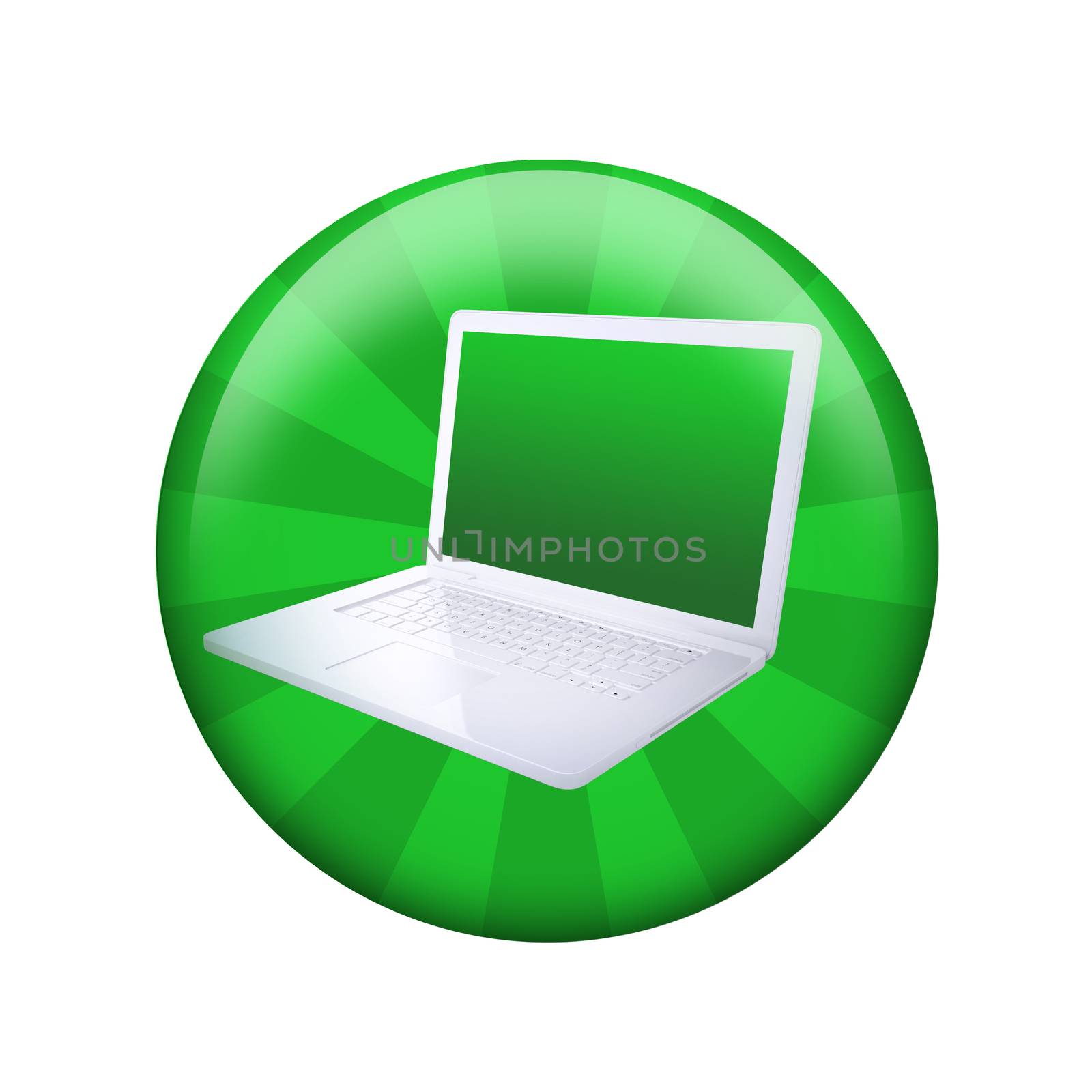 Open laptop. Spherical glossy button. Web element