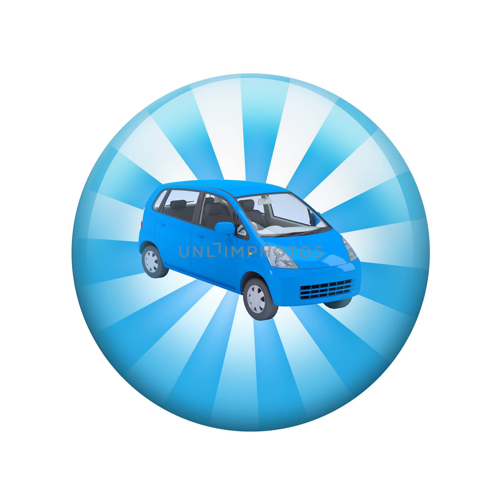 Blue car. Spherical glossy button by cherezoff