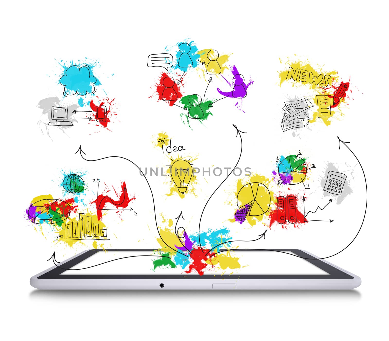 Tablet pc with colored business sketches. Isolated on white background