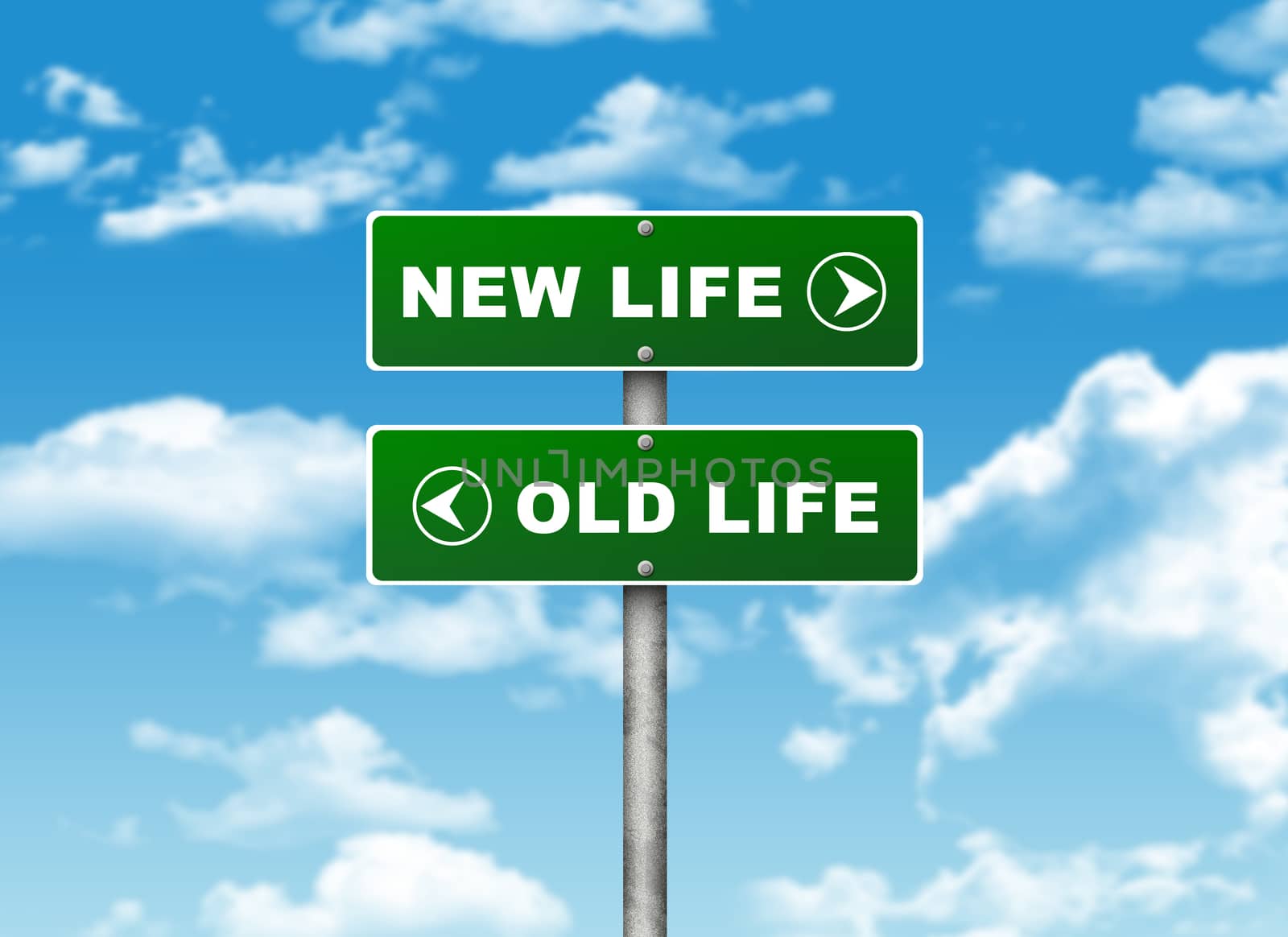 Crossroads road sign. Pointer to the right NEW LIFE, but OLD LIFE left. Choice concept
