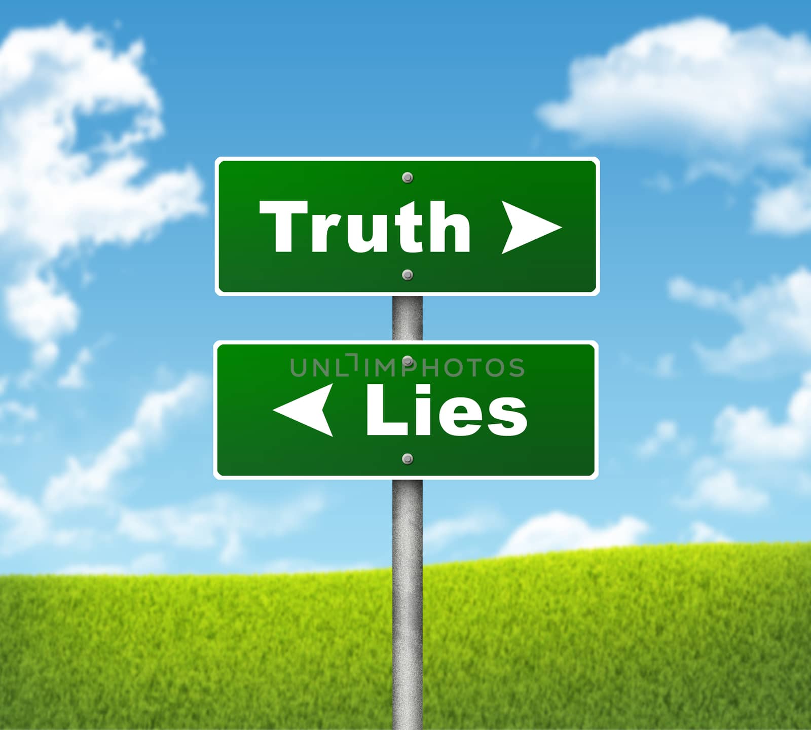 Crossroads road sign. Pointer to the right Truth, but Lies left. Choice concept