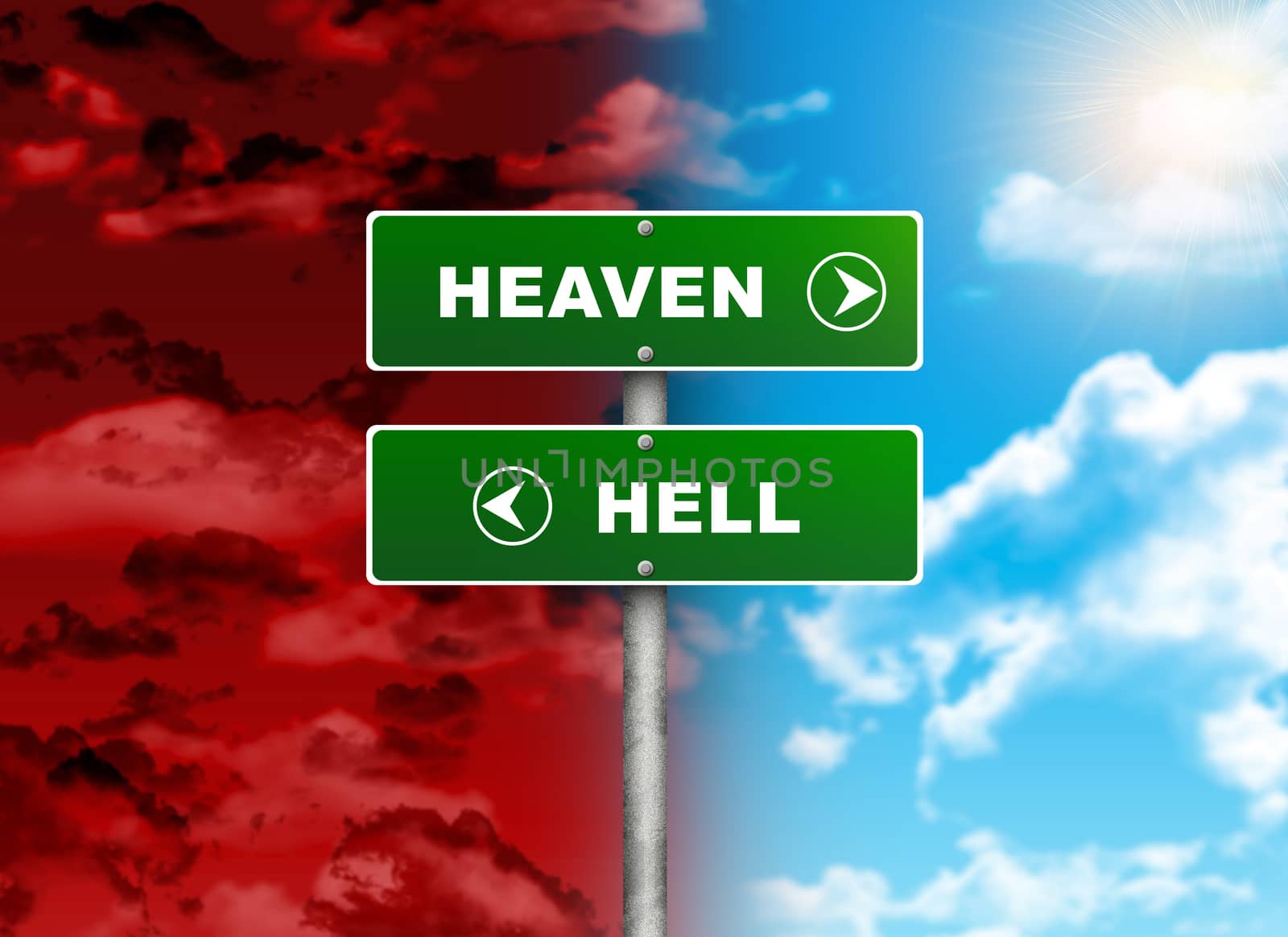 Crossroads road sign. Right color sky - HEAVEN, HELL left red. Choice concept