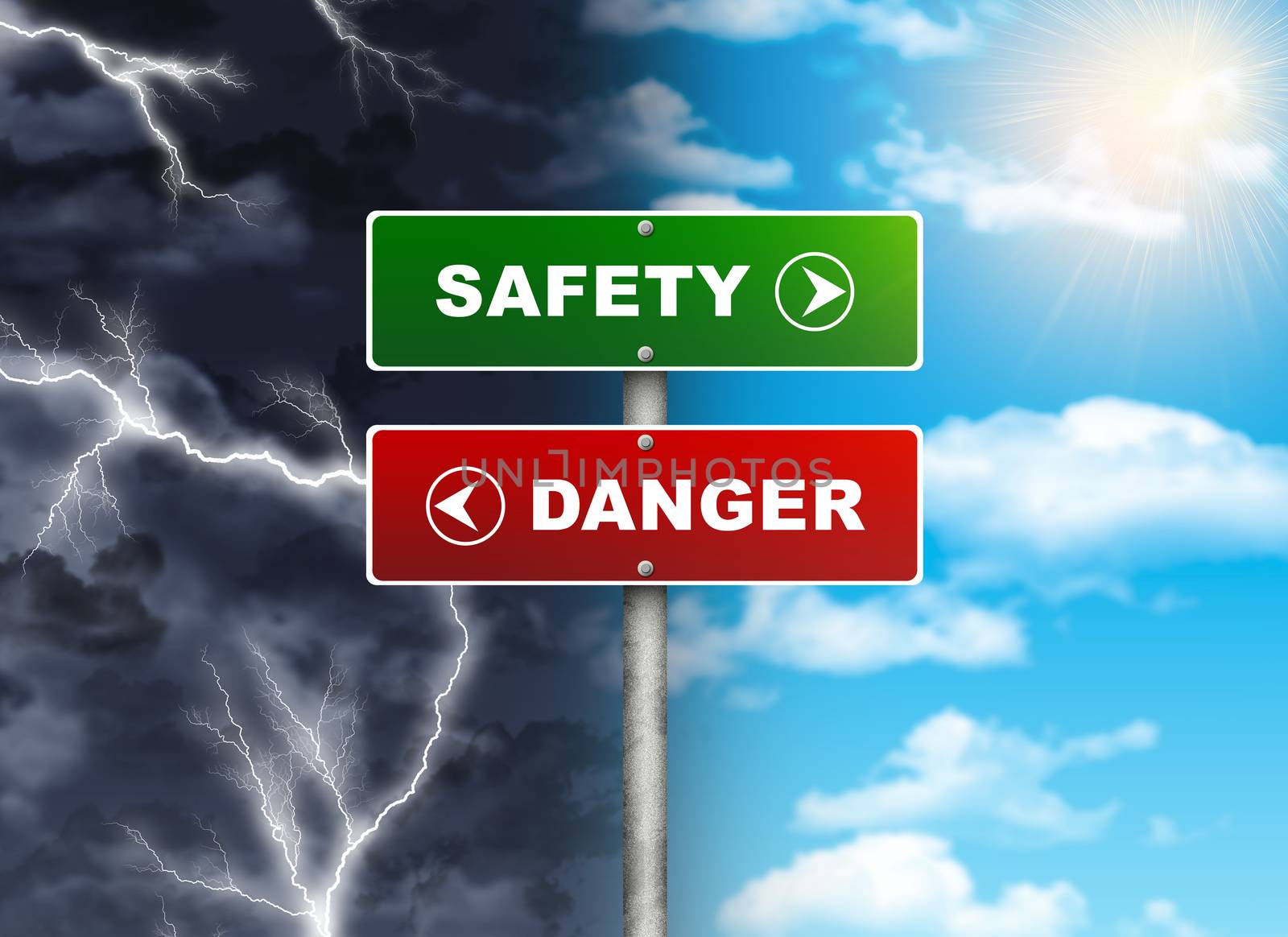 Crossroads road sign. Right color sky - SAFETY, DANGER left thunder. Choice concept