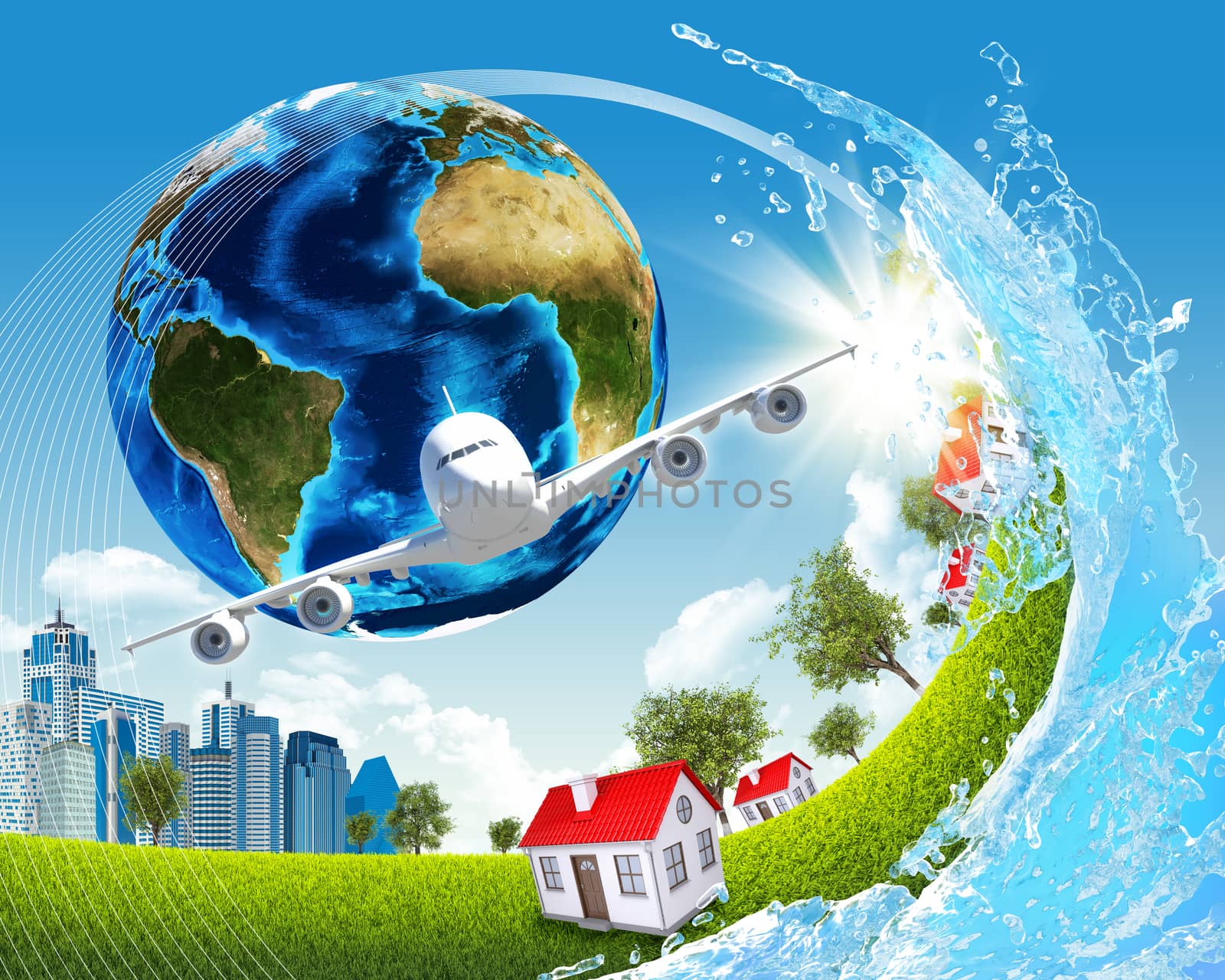 Earth, green grass, buildings, water and airplane. Elements of this image are furnished by NASA