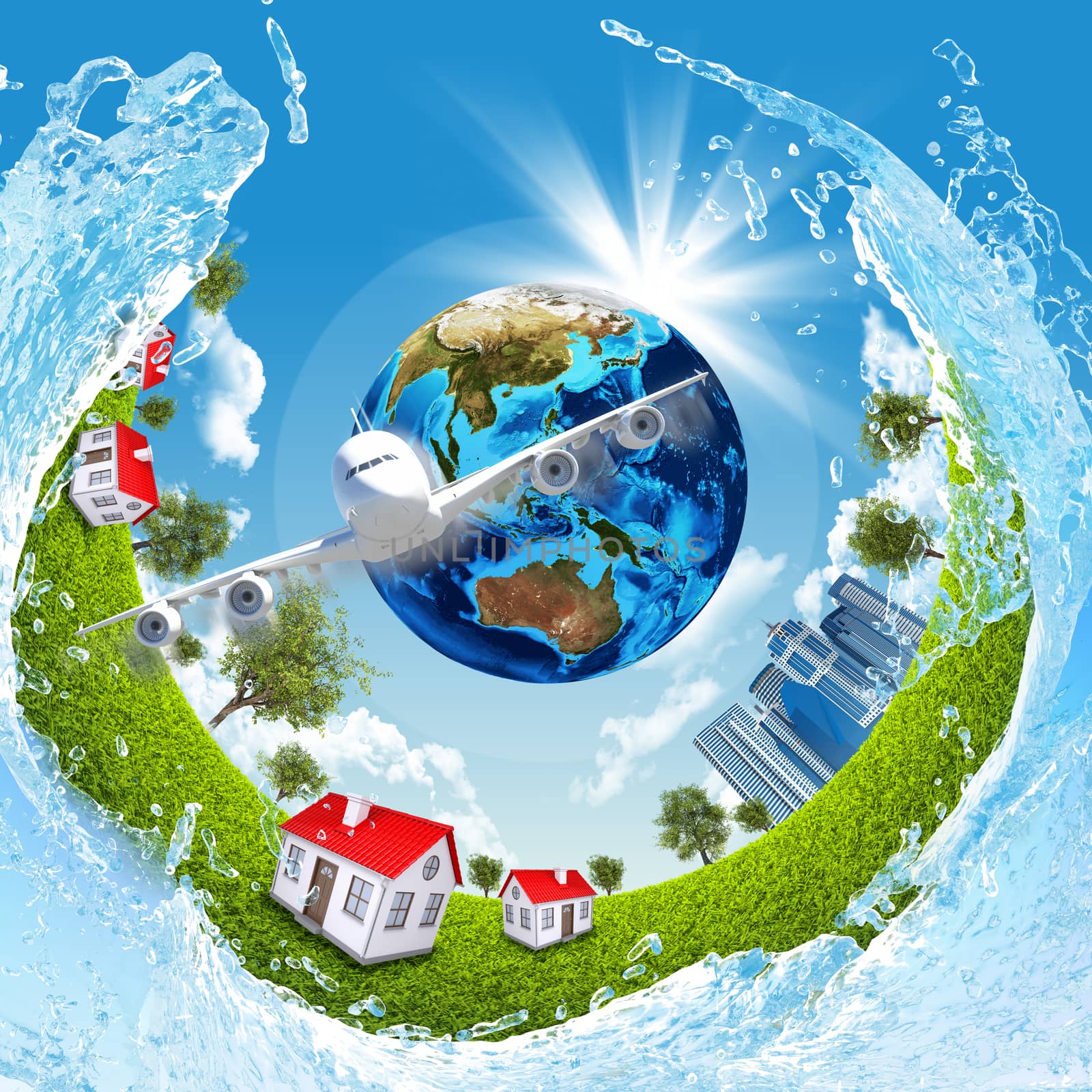 Earth, green grass, buildings, water and airplane. Elements of this image are furnished by NASA
