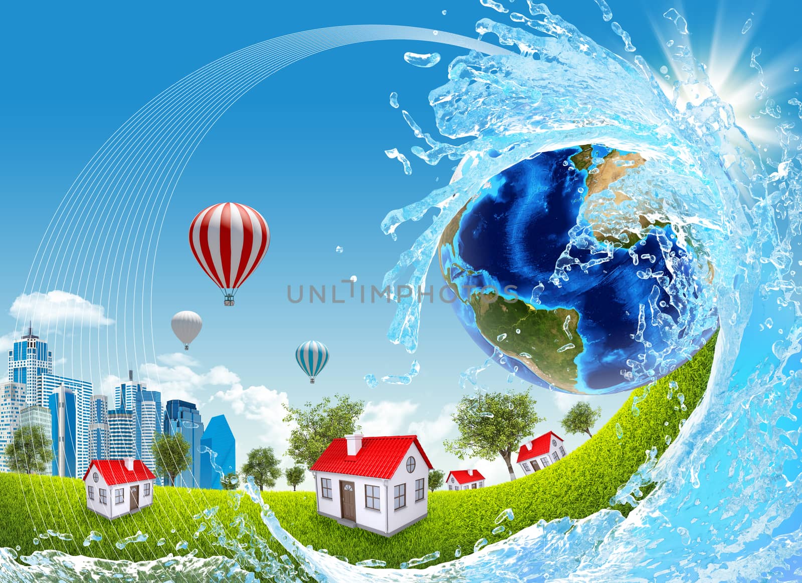 Earth, green grass, buildings and water. Elements of this image are furnished by NASA