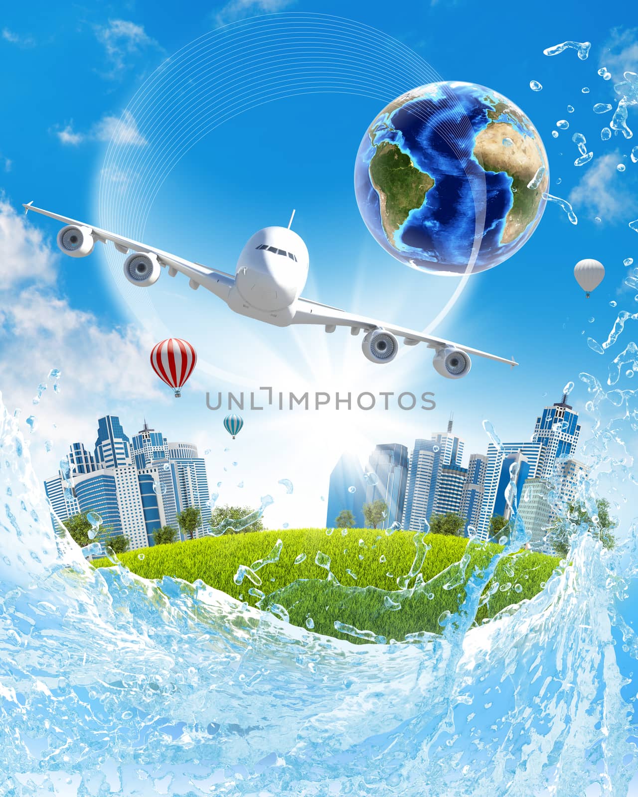 Earth, green grass, buildings and airplane. Elements of this image are furnished by NASA
