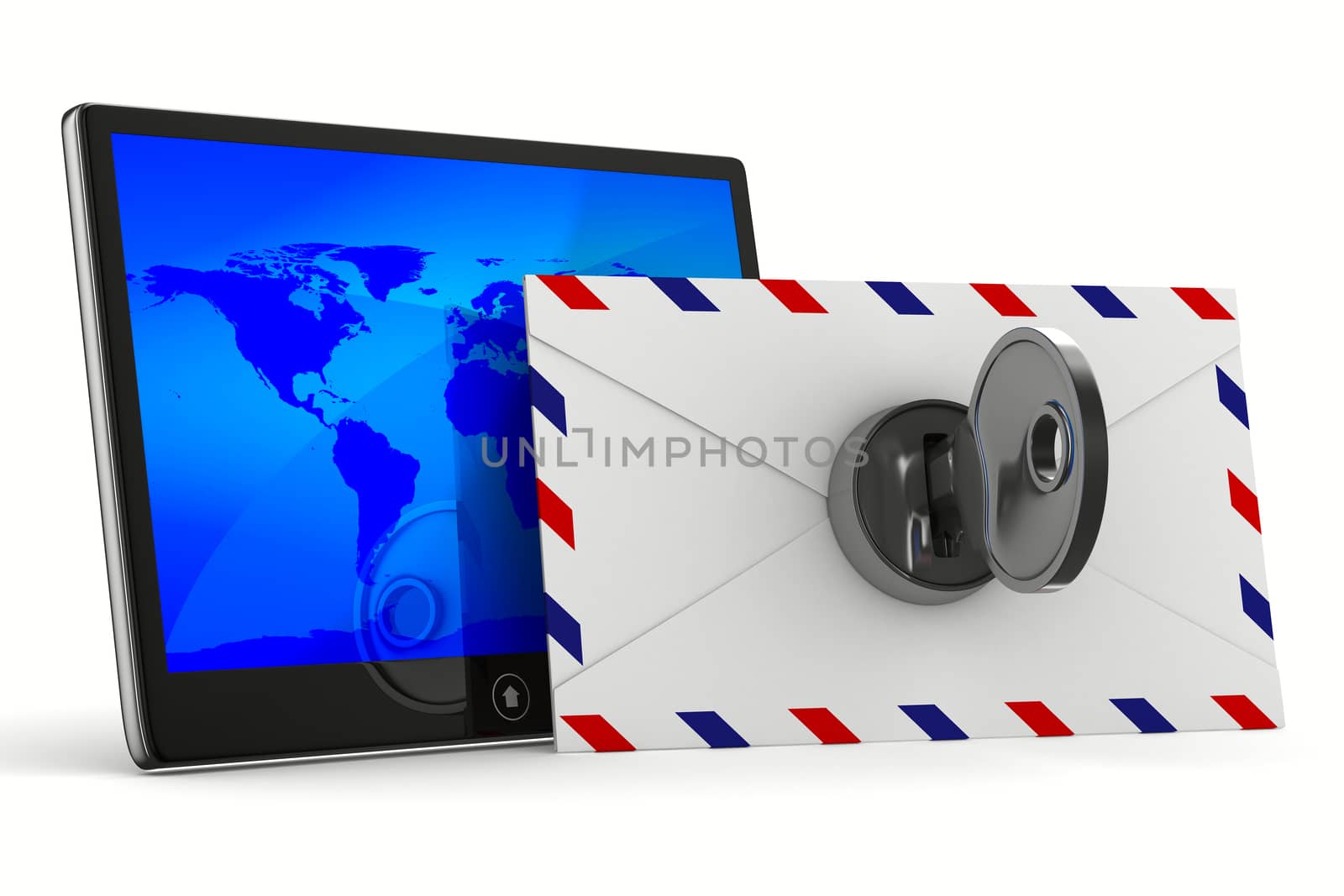 tablet and envelope on white background. Isolated 3D image