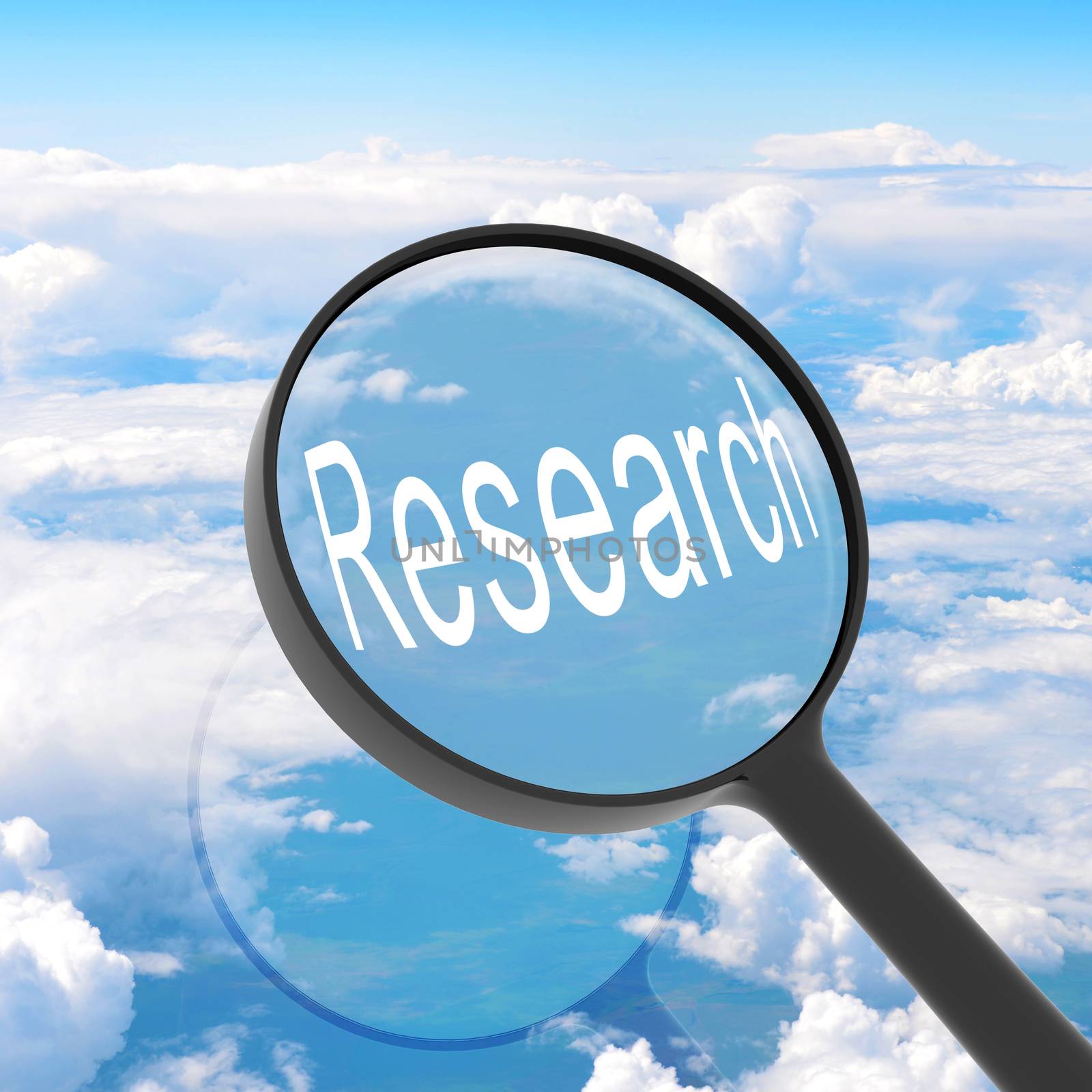 Magnifying glass looking Research. Clouds on background. Business concept