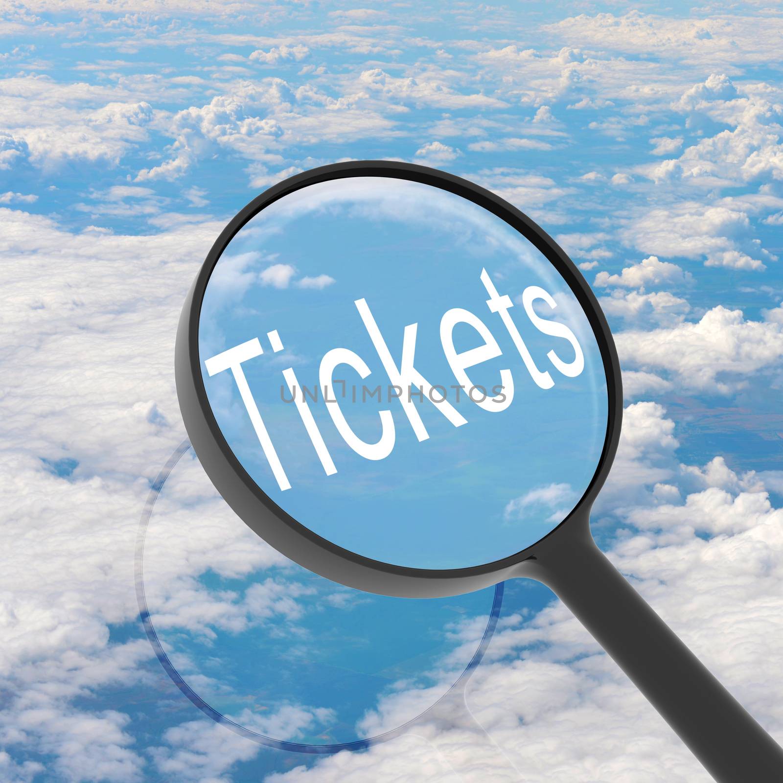 Magnifying glass looking Tickets. Clouds on background. Business concept