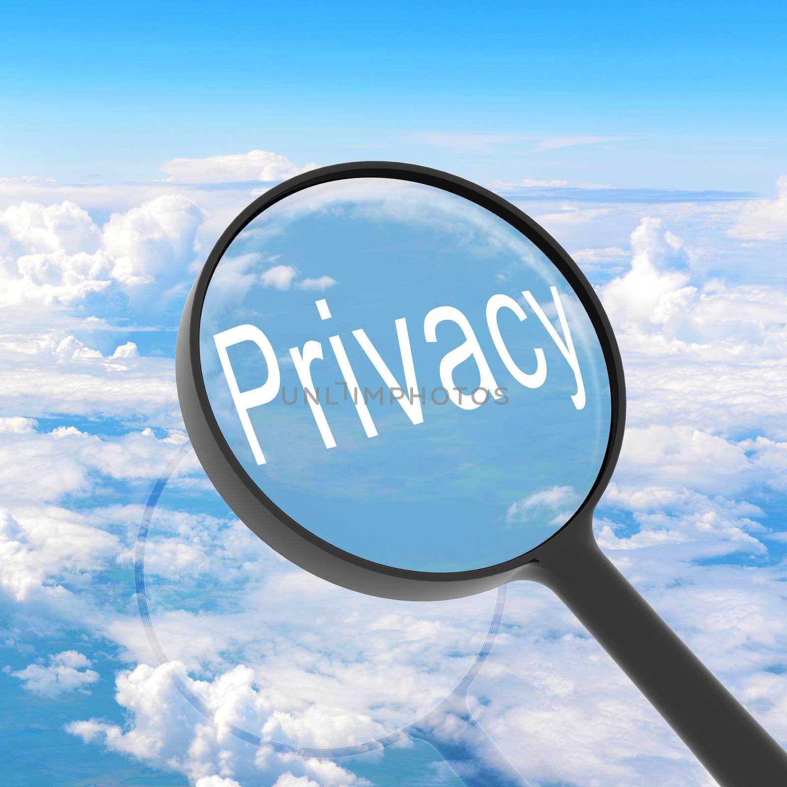 Magnifying glass looking Privacy. Clouds on background. Business concept