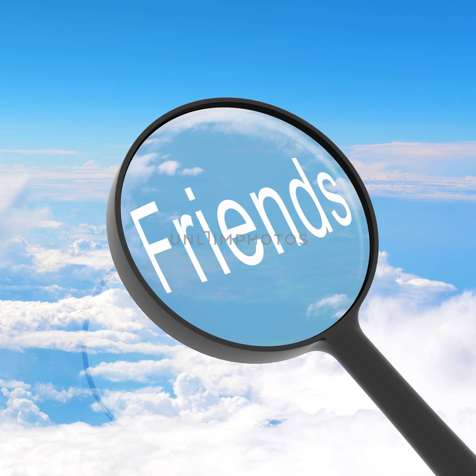 Magnifying glass looking friends. Clouds on background. Business concept