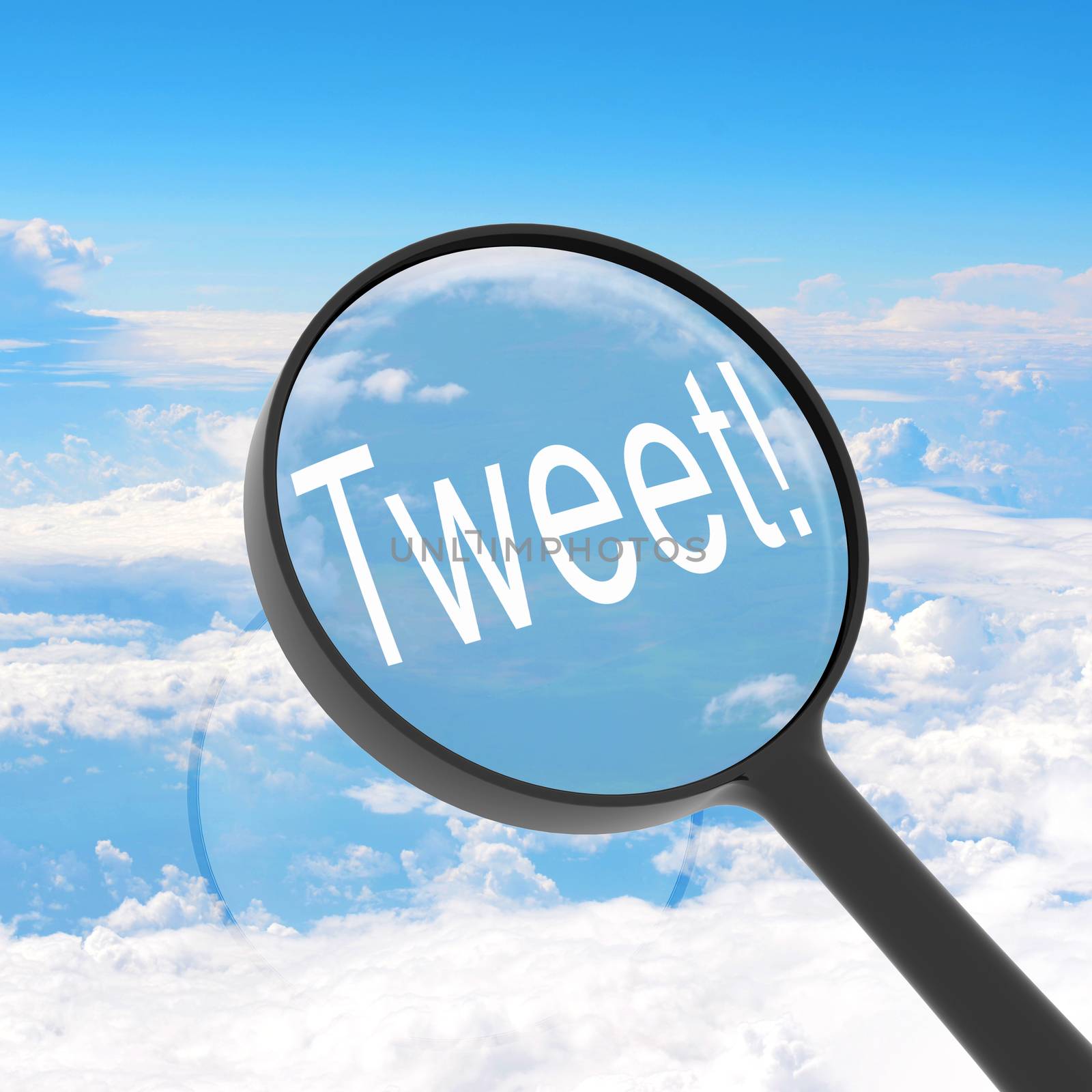 Magnifying glass looking Tweet. Clouds on background. Business concept