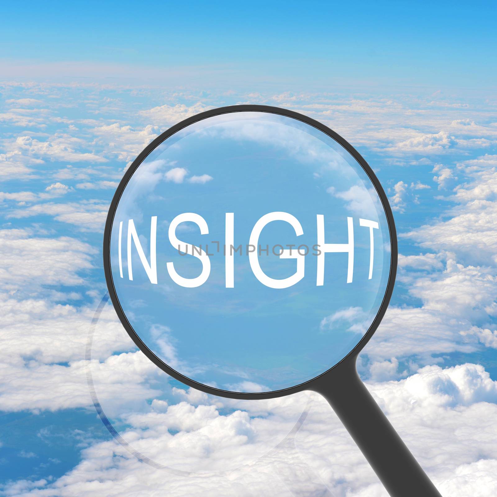 Magnifying glass looking INSIGHT. Clouds on background. Business concept