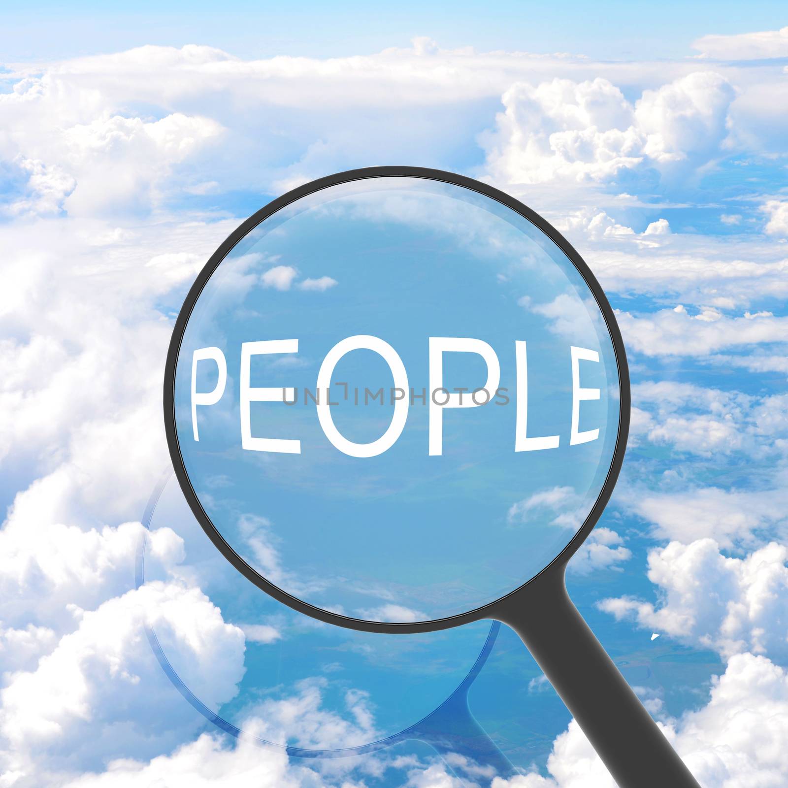 Magnifying glass looking PEOPLE. Clouds on background. Business concept