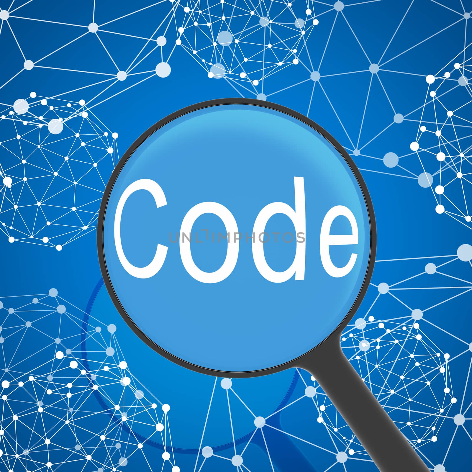 Magnifying glass looking Code. Network on background. Business concept