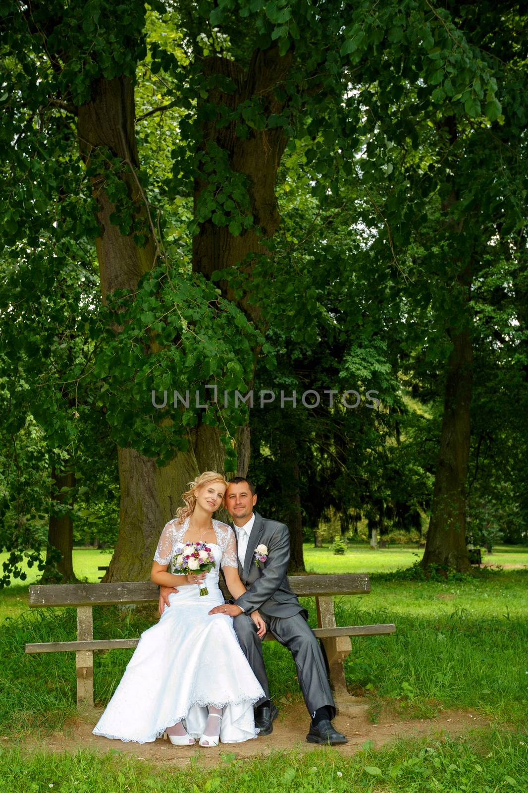 beautiful young wedding couple in park, sitting on bench, blonde bride with flower and her groom