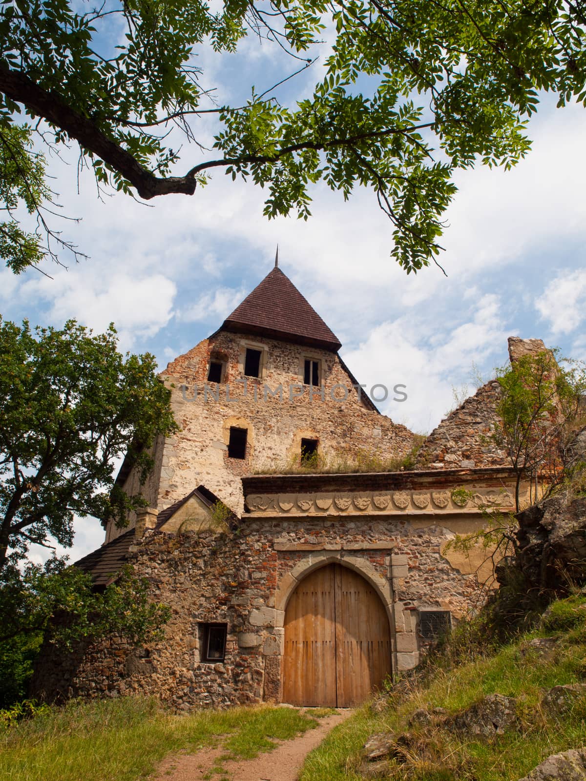 Old gate and ruined facade of Tocnik castle (Czech Republic)