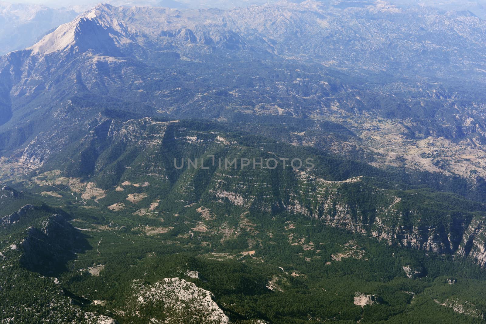 Mountains covered with trees. Top view. Natural landscape