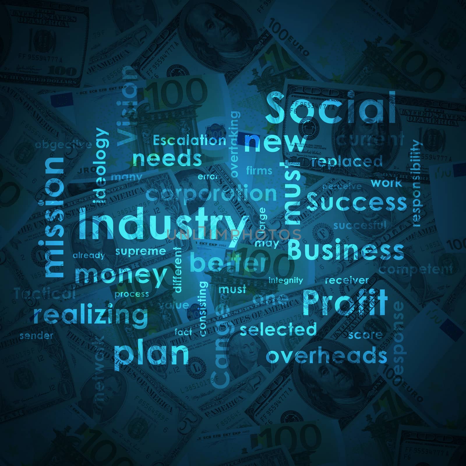Background consisting of business words and paper money