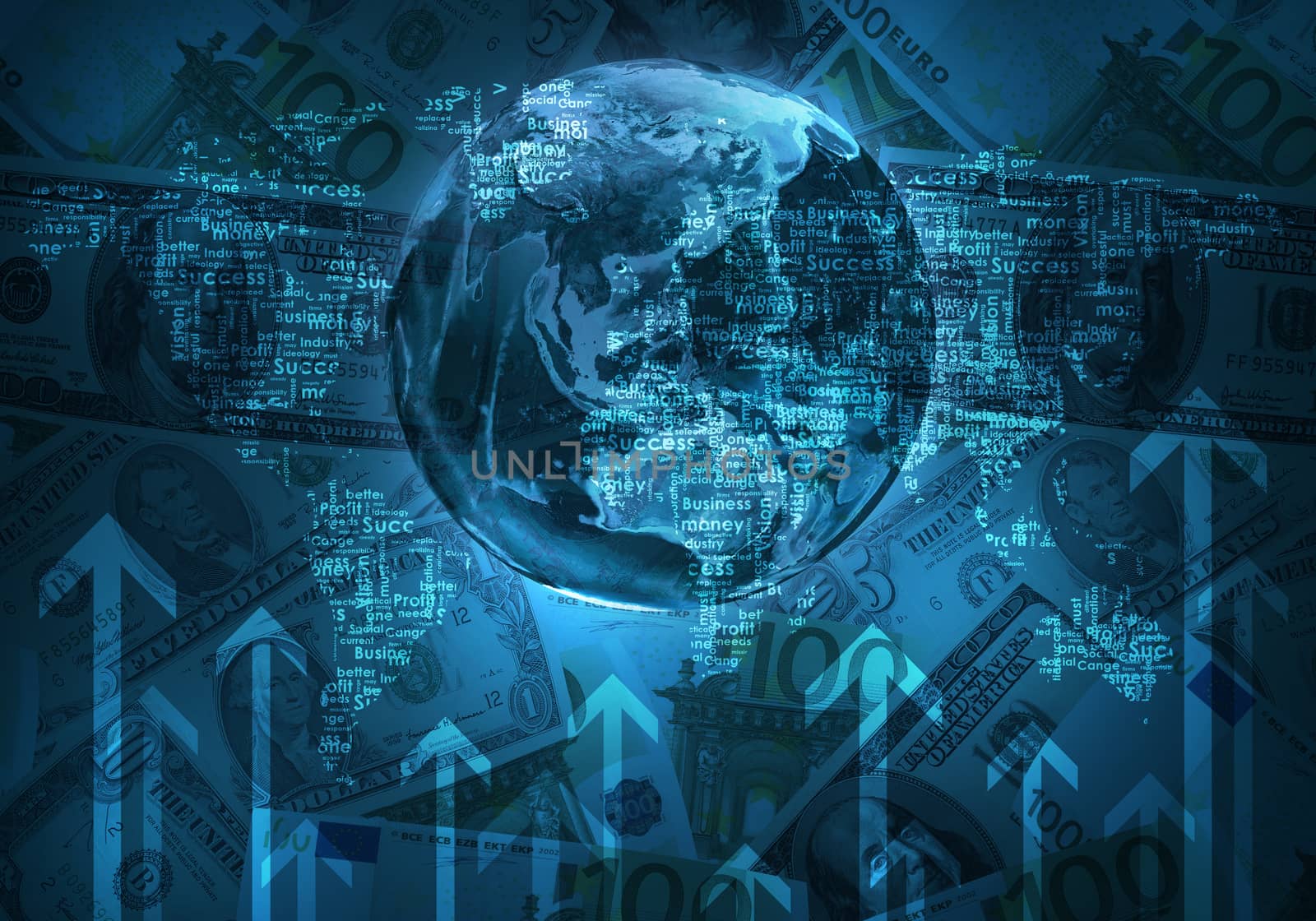 Earth and world map consisting business words on money background. Elements of this image are furnished by NASA