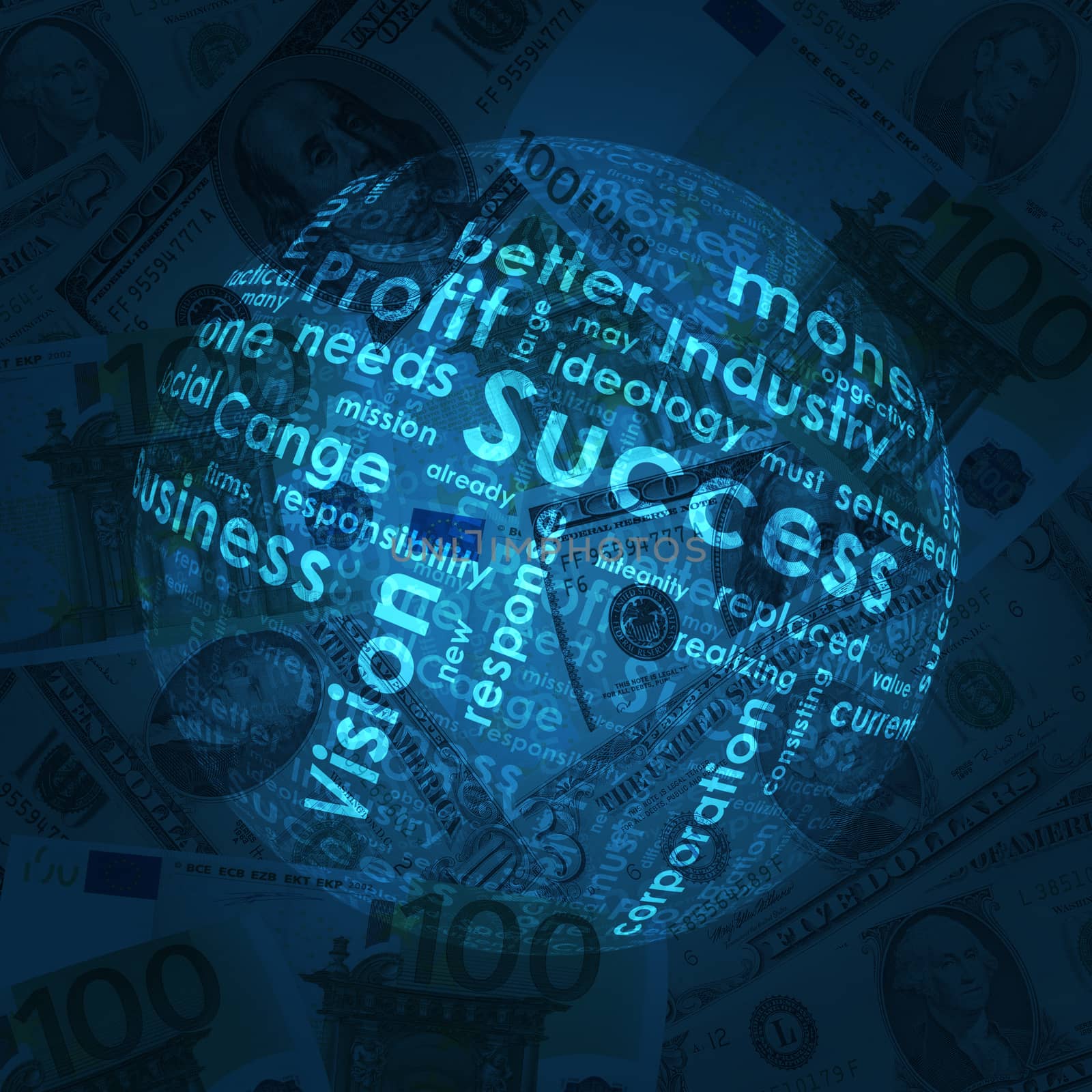 Sphere consisting of business words on money background
