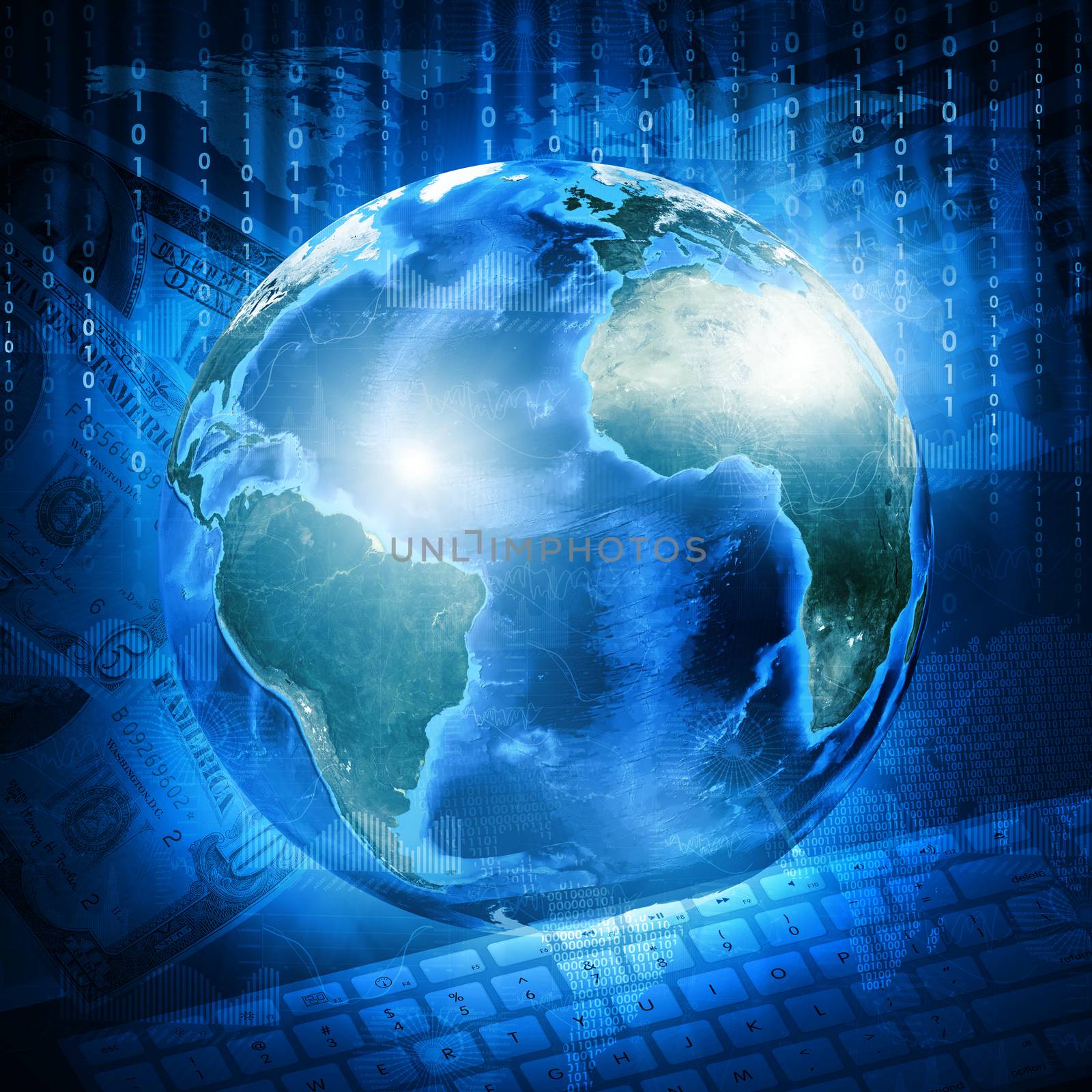 Earth, digits and keyboard on money background. Business concept. Elements of this image are furnished by NASA