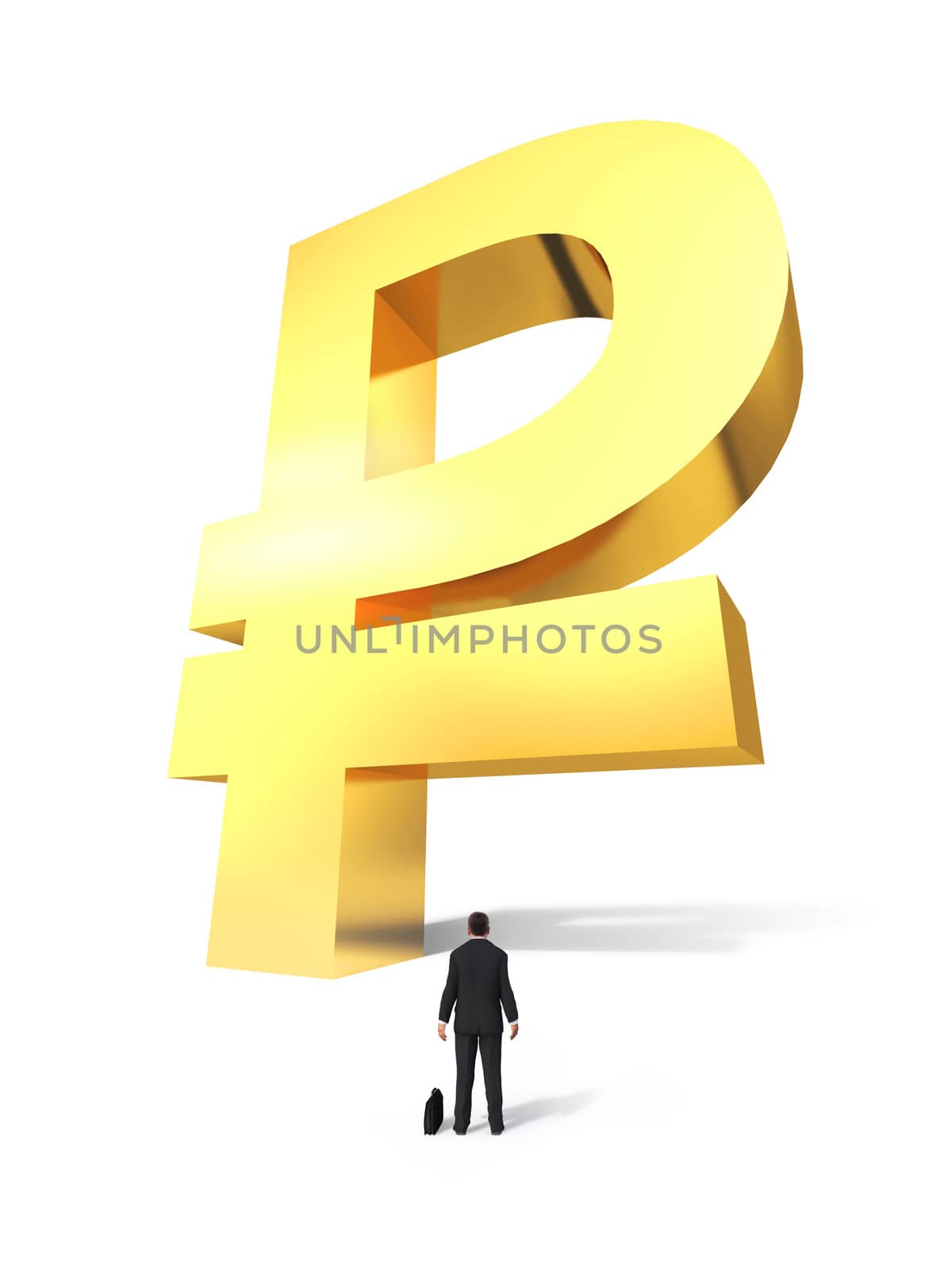 Raised money ruble sign with surprised businessman on white background