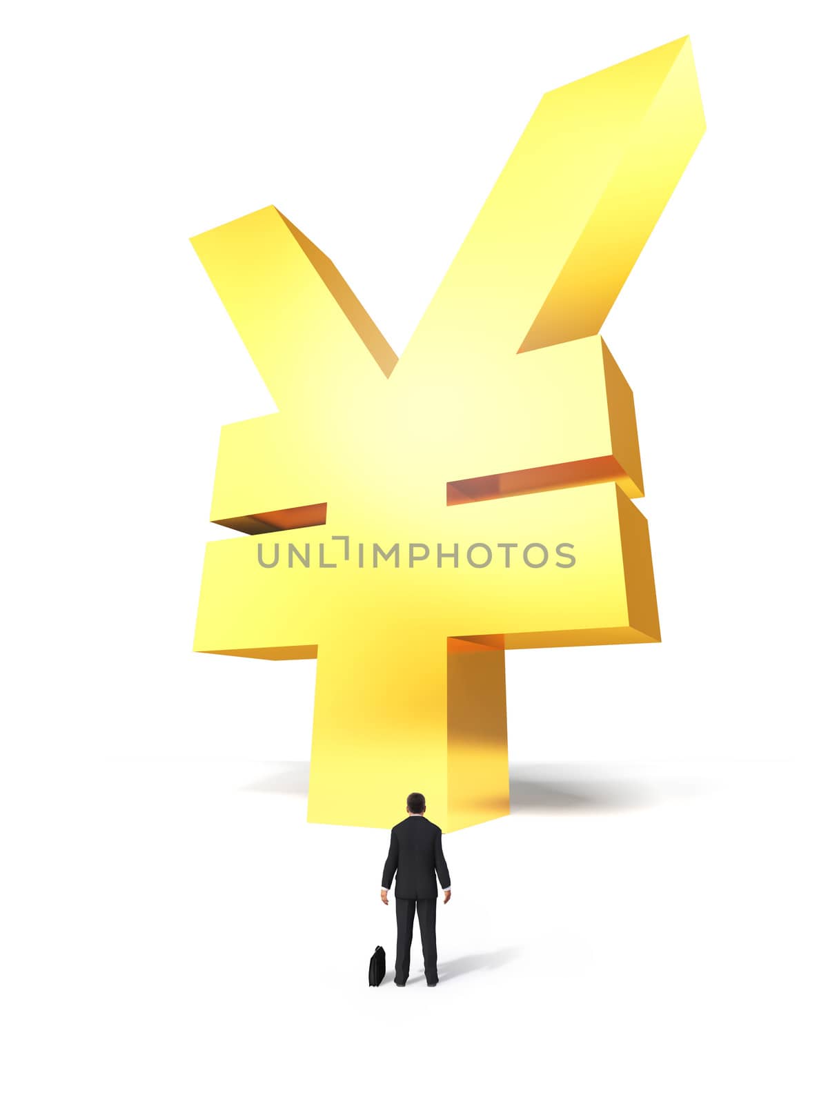 Growing yen sign with surprised businessman on white background
