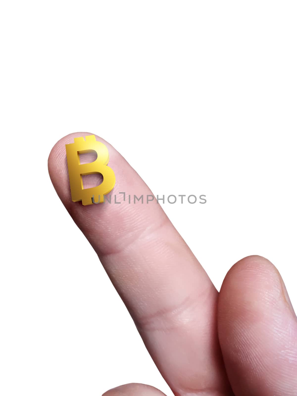 Micro sign Bitcoin electronic money on the finger and a white background